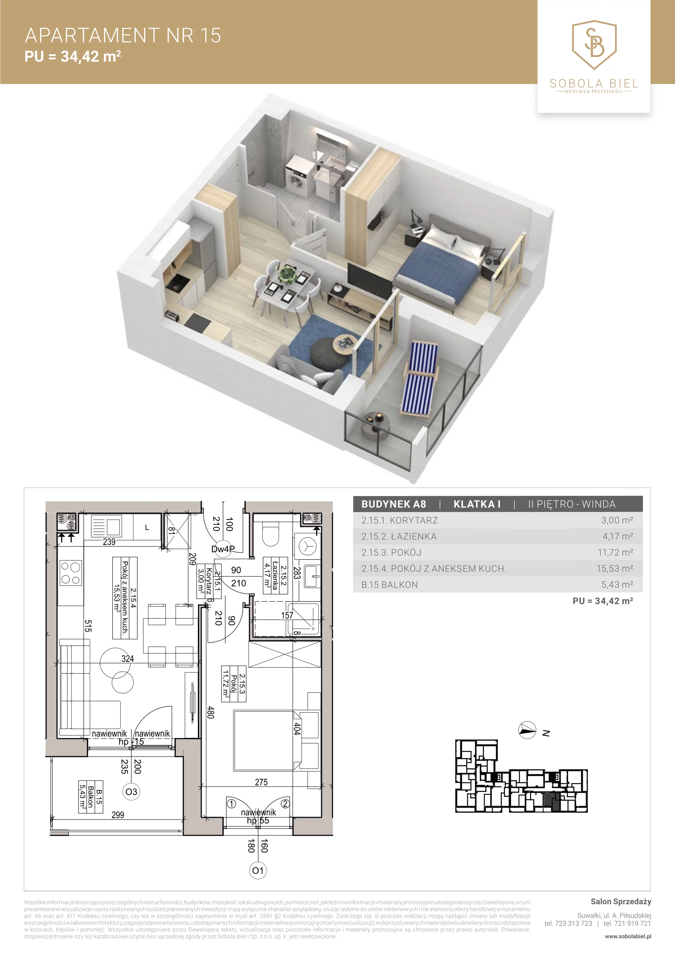 Apartament 34,42 m², piętro 2, oferta nr 15, Sobola Biel - Budynek A8, Suwałki, ul. Aleksandry Piłsudskiej