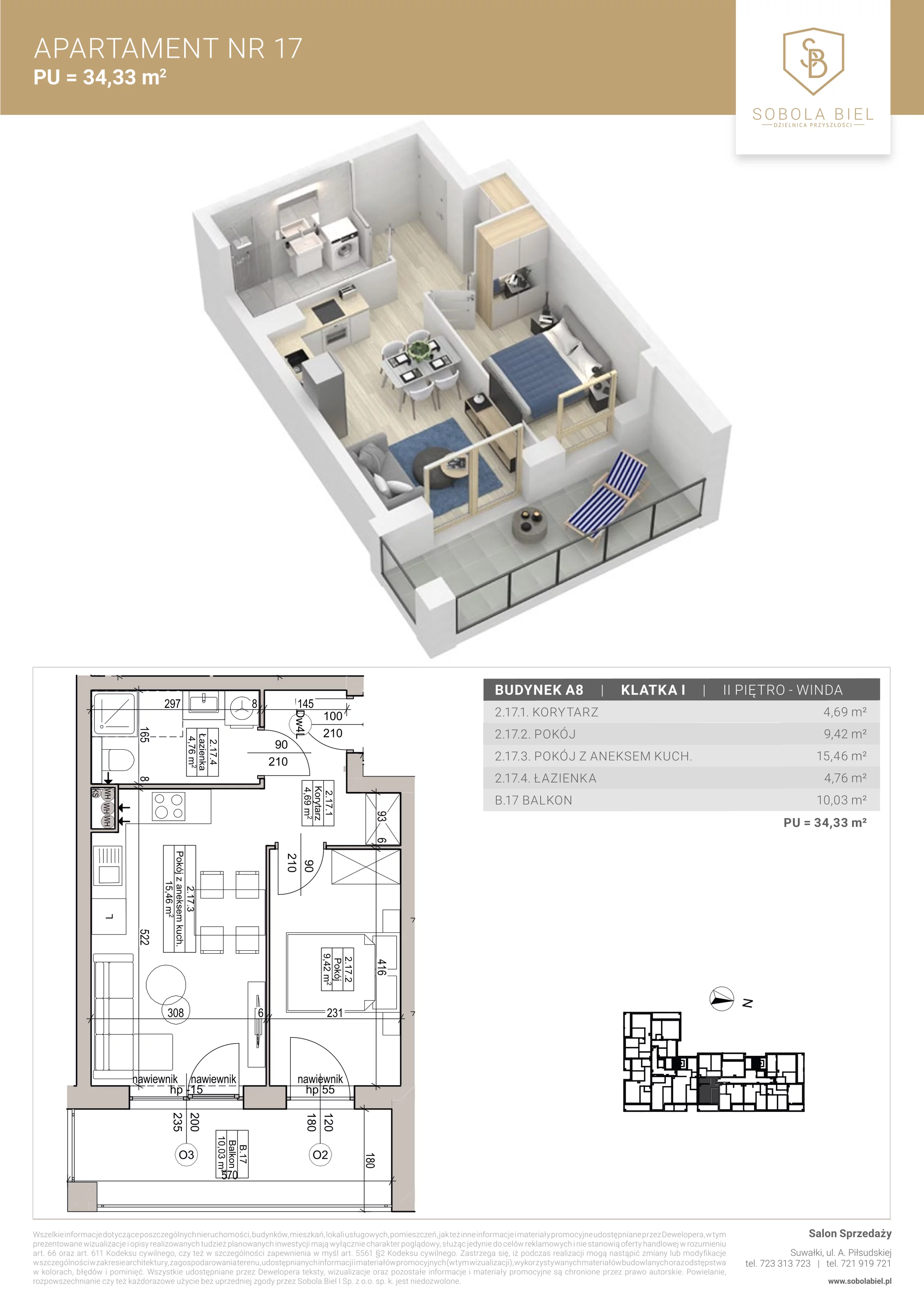 2 pokoje, apartament 34,33 m², piętro 2, oferta nr 17, Sobola Biel - Budynek A8, Suwałki, ul. Aleksandry Piłsudskiej