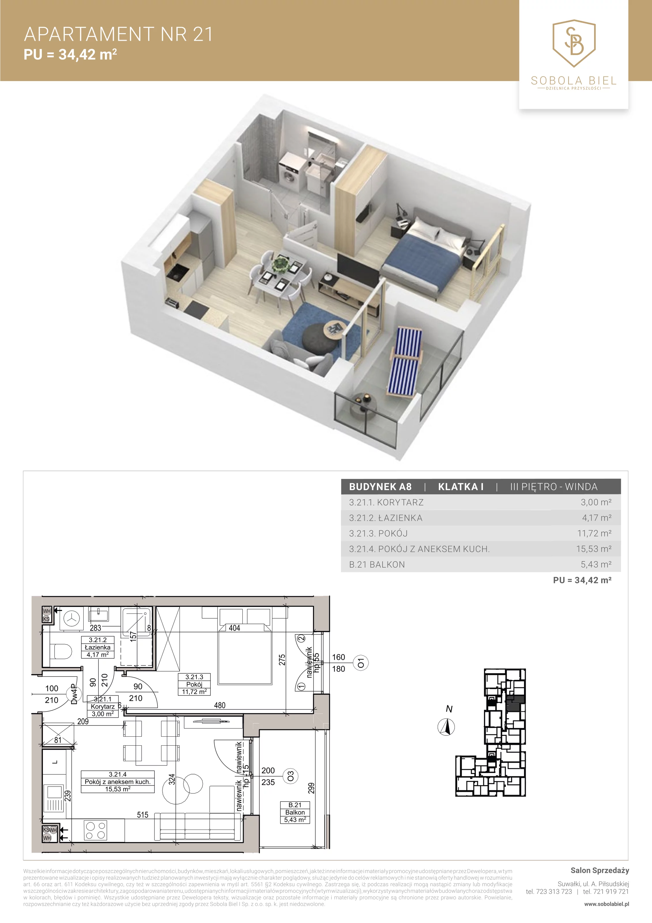 Apartament 34,42 m², piętro 3, oferta nr 21, Sobola Biel - Budynek A8, Suwałki, ul. Aleksandry Piłsudskiej