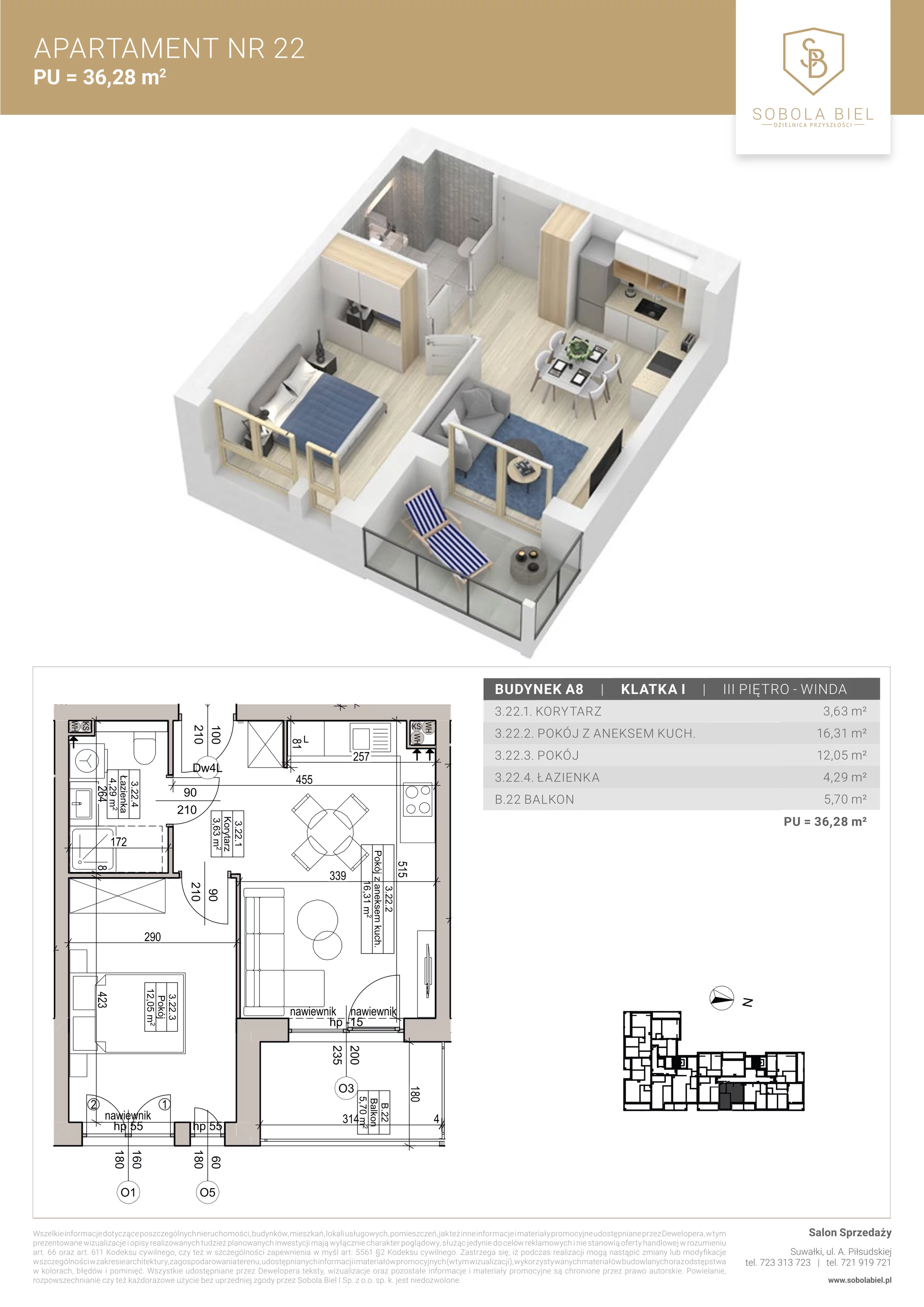 Apartament 36,28 m², piętro 3, oferta nr 22, Sobola Biel - Budynek A8, Suwałki, ul. Aleksandry Piłsudskiej