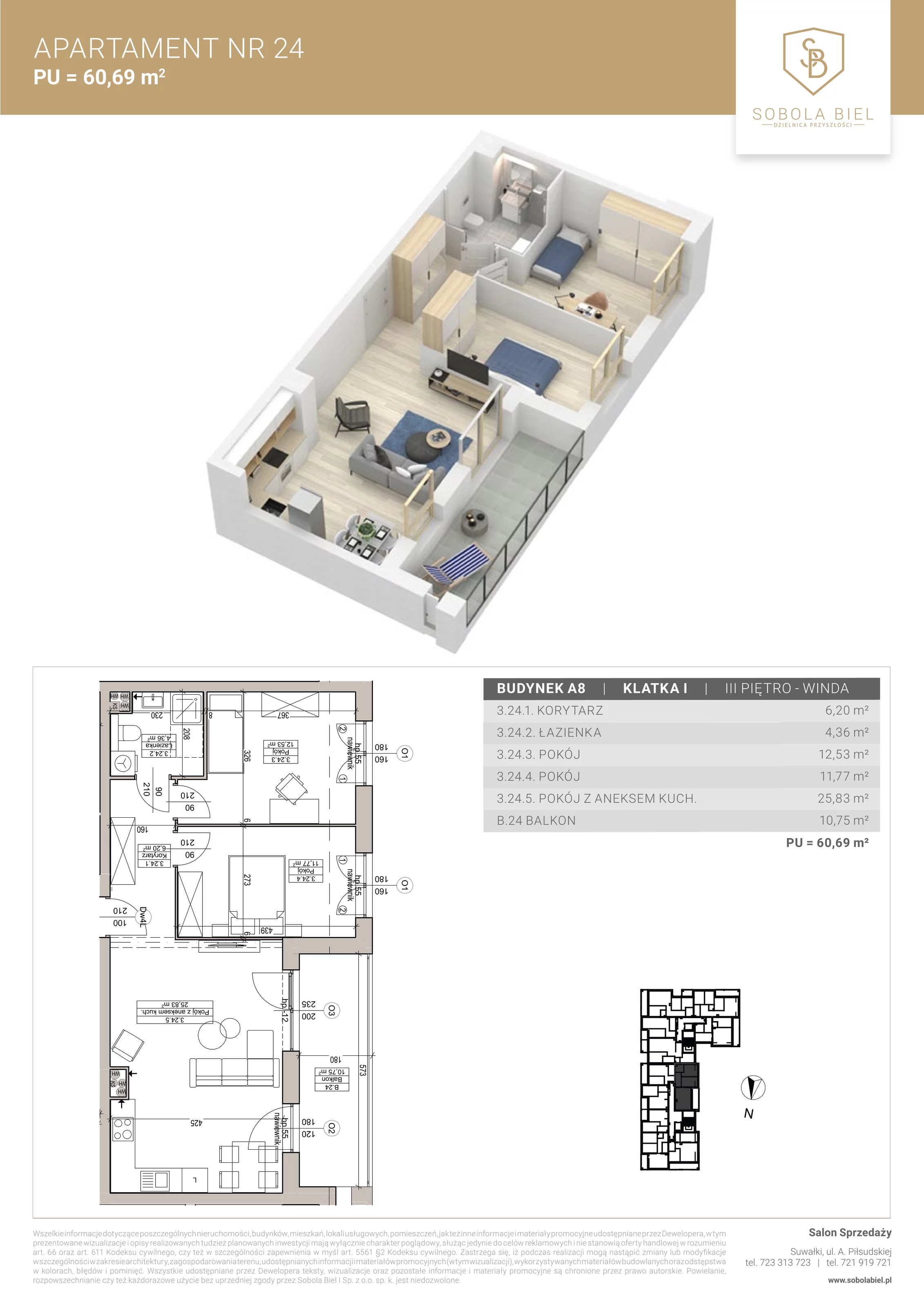 Apartament 60,69 m², piętro 3, oferta nr 24, Sobola Biel - Budynek A8, Suwałki, ul. Aleksandry Piłsudskiej