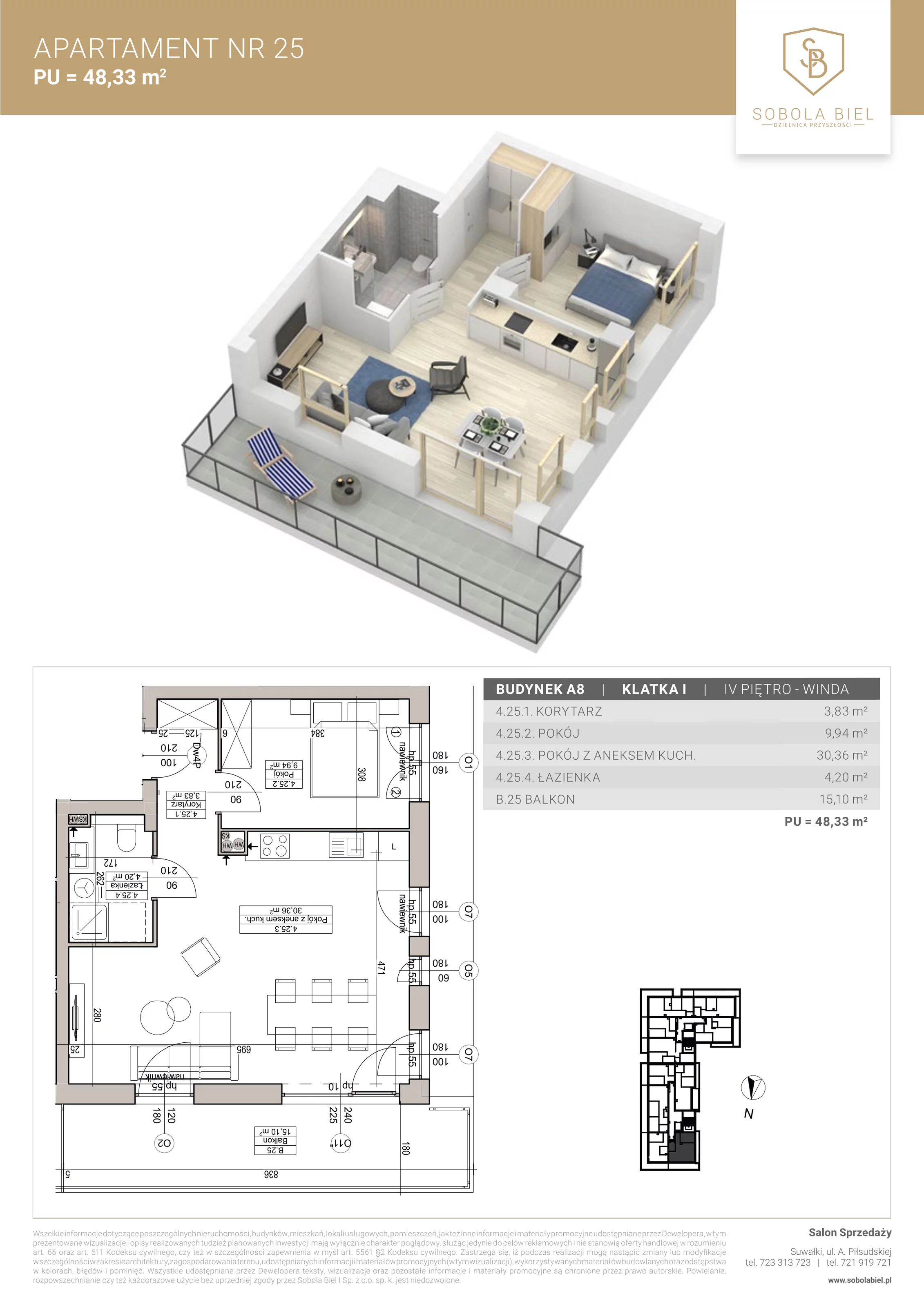 2 pokoje, apartament 48,33 m², piętro 4, oferta nr 25, Sobola Biel - Budynek A8, Suwałki, ul. Aleksandry Piłsudskiej