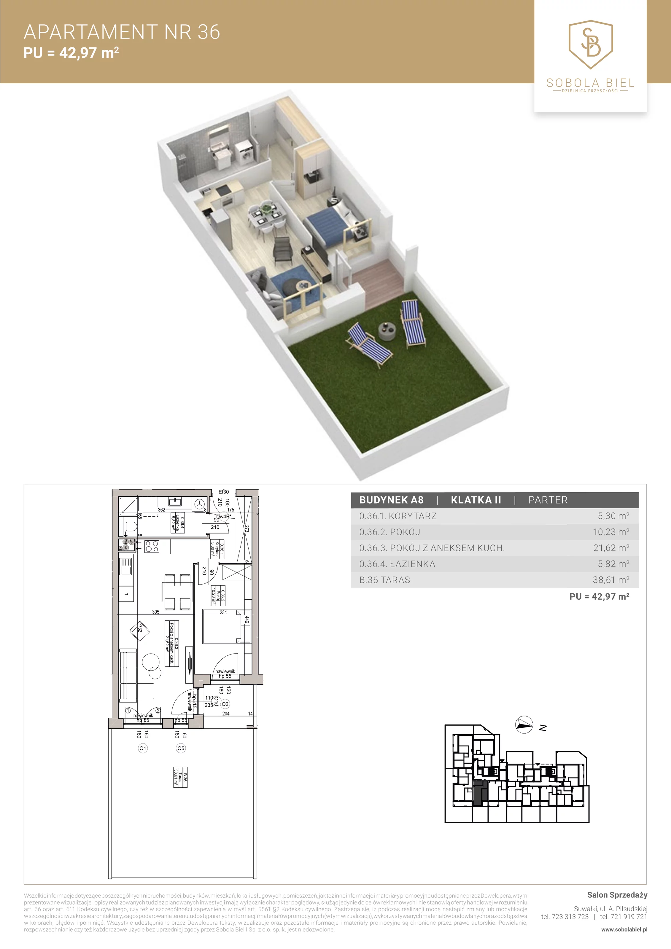 2 pokoje, apartament 42,97 m², parter, oferta nr 36, Sobola Biel - Budynek A8, Suwałki, ul. Aleksandry Piłsudskiej