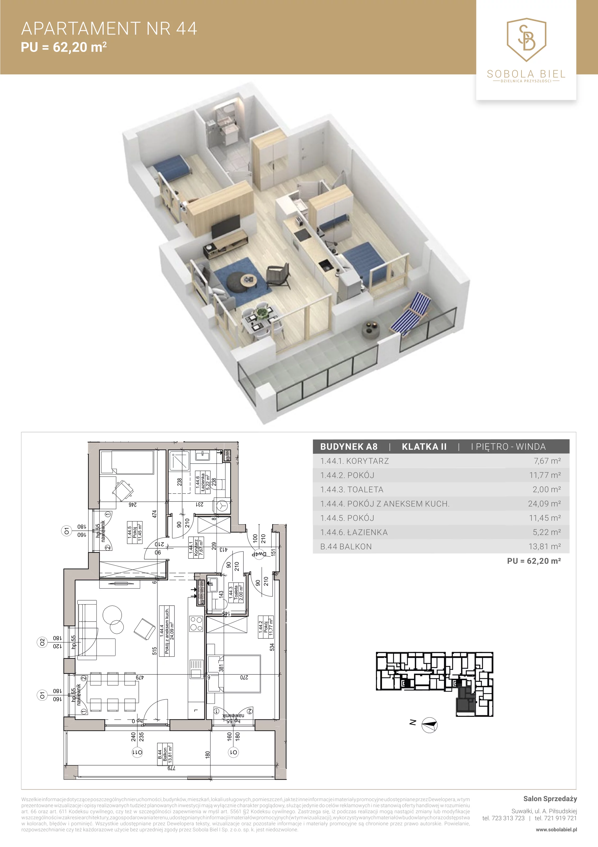 Apartament 62,20 m², piętro 1, oferta nr 44, Sobola Biel - Budynek A8, Suwałki, ul. Aleksandry Piłsudskiej