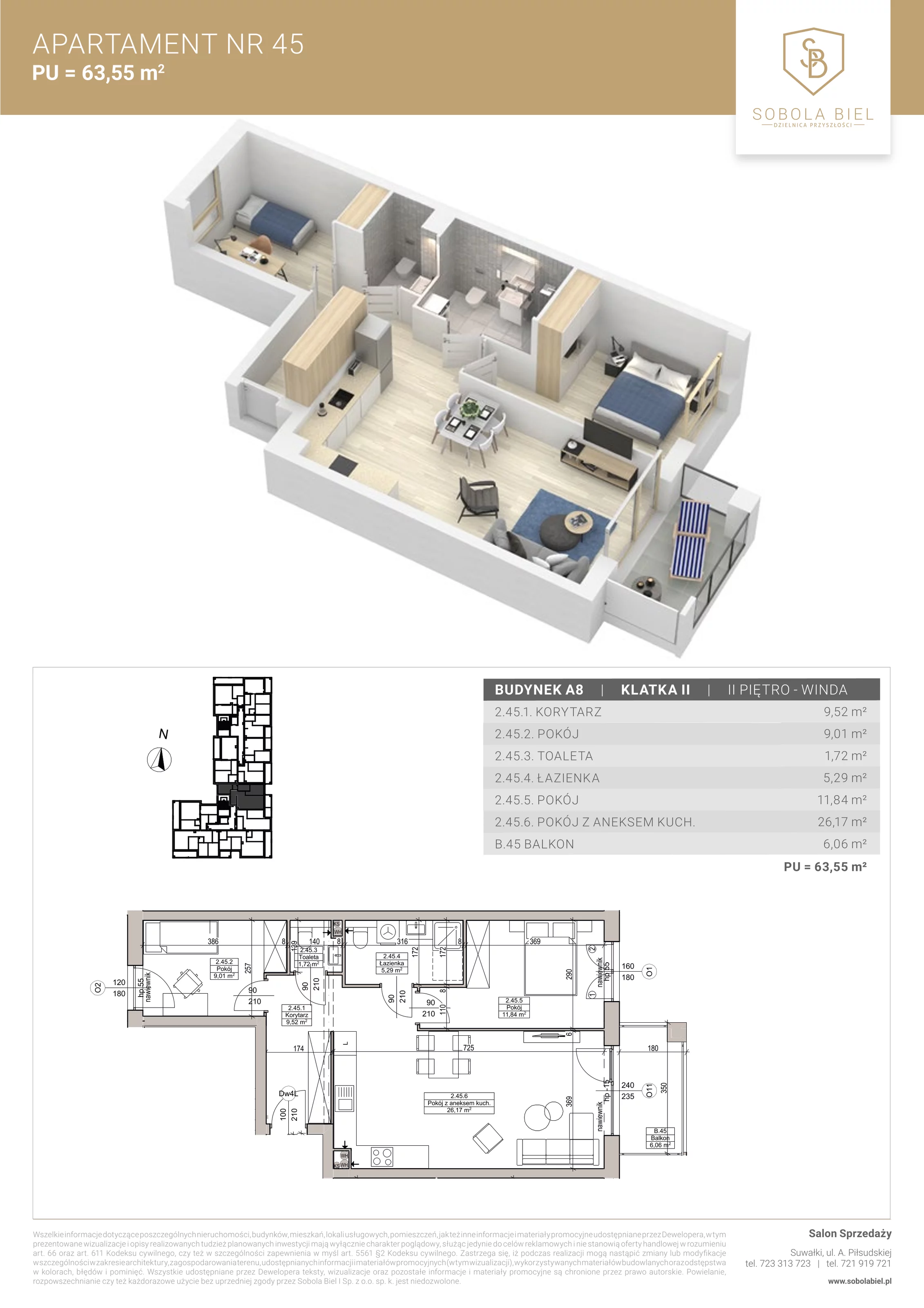 Apartament 63,55 m², piętro 2, oferta nr 45, Sobola Biel - Budynek A8, Suwałki, ul. Aleksandry Piłsudskiej