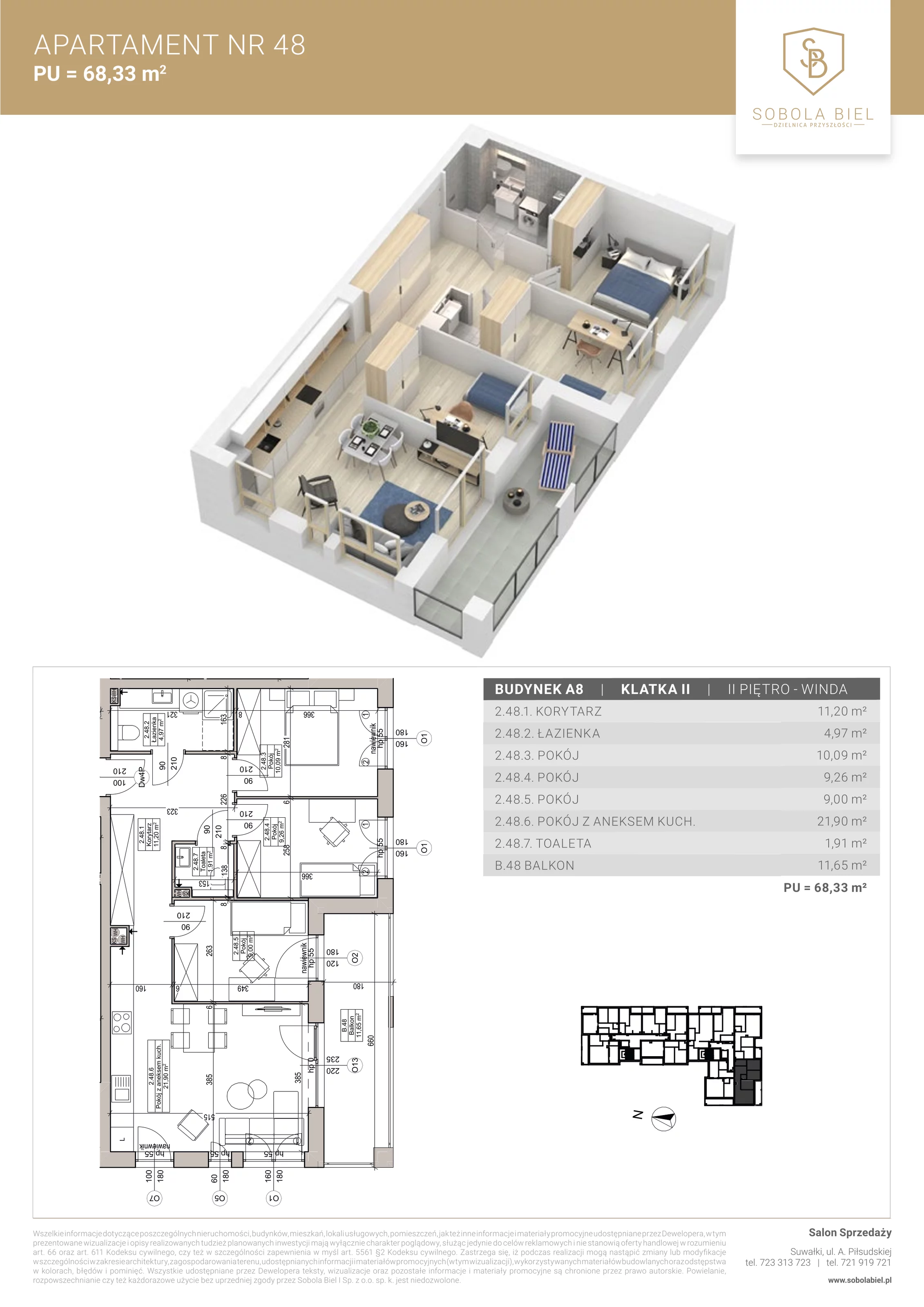 4 pokoje, apartament 68,33 m², piętro 2, oferta nr 48, Sobola Biel - Budynek A8, Suwałki, ul. Aleksandry Piłsudskiej