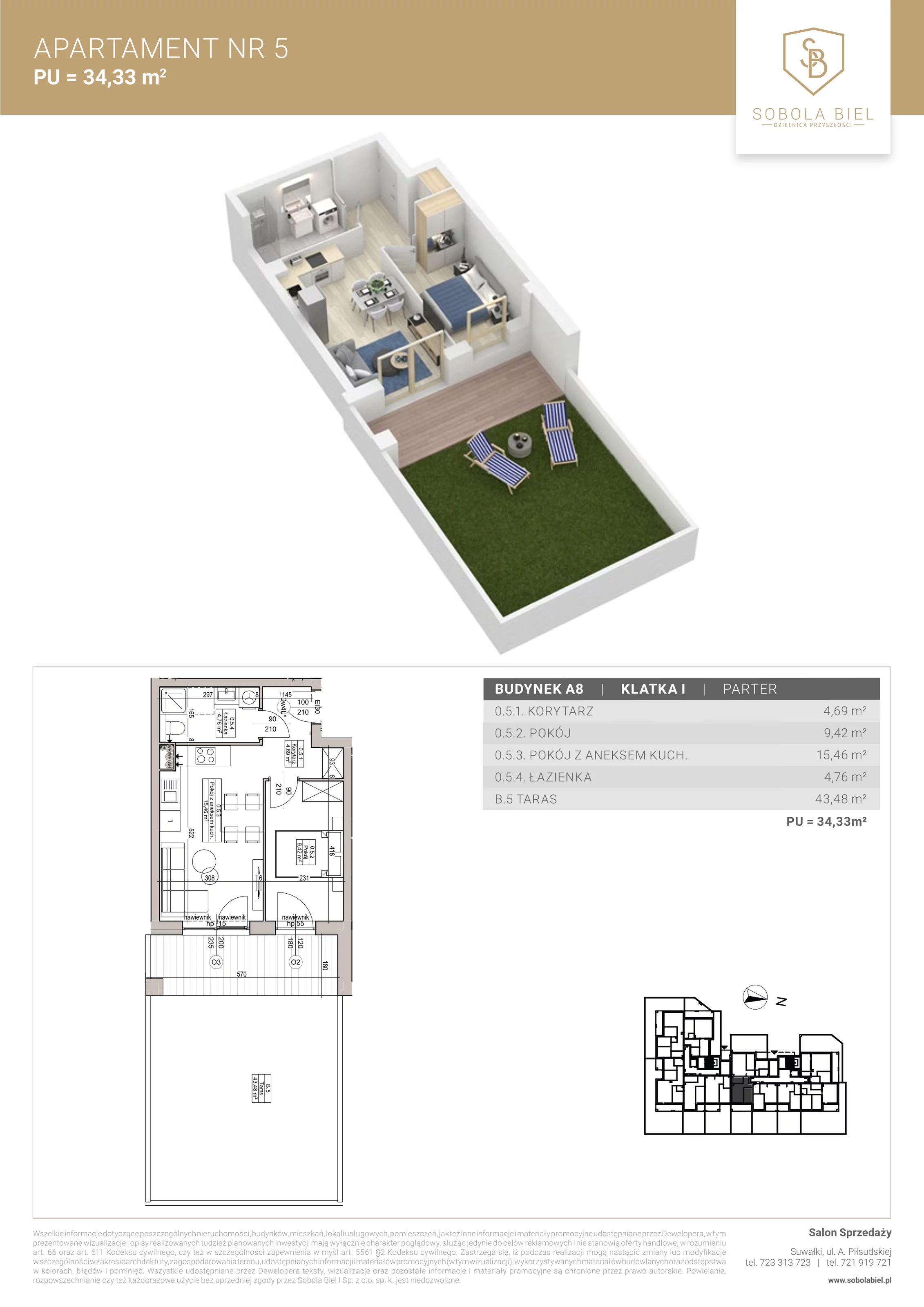 Apartament 34,33 m², parter, oferta nr 5, Sobola Biel - Budynek A8, Suwałki, ul. Aleksandry Piłsudskiej