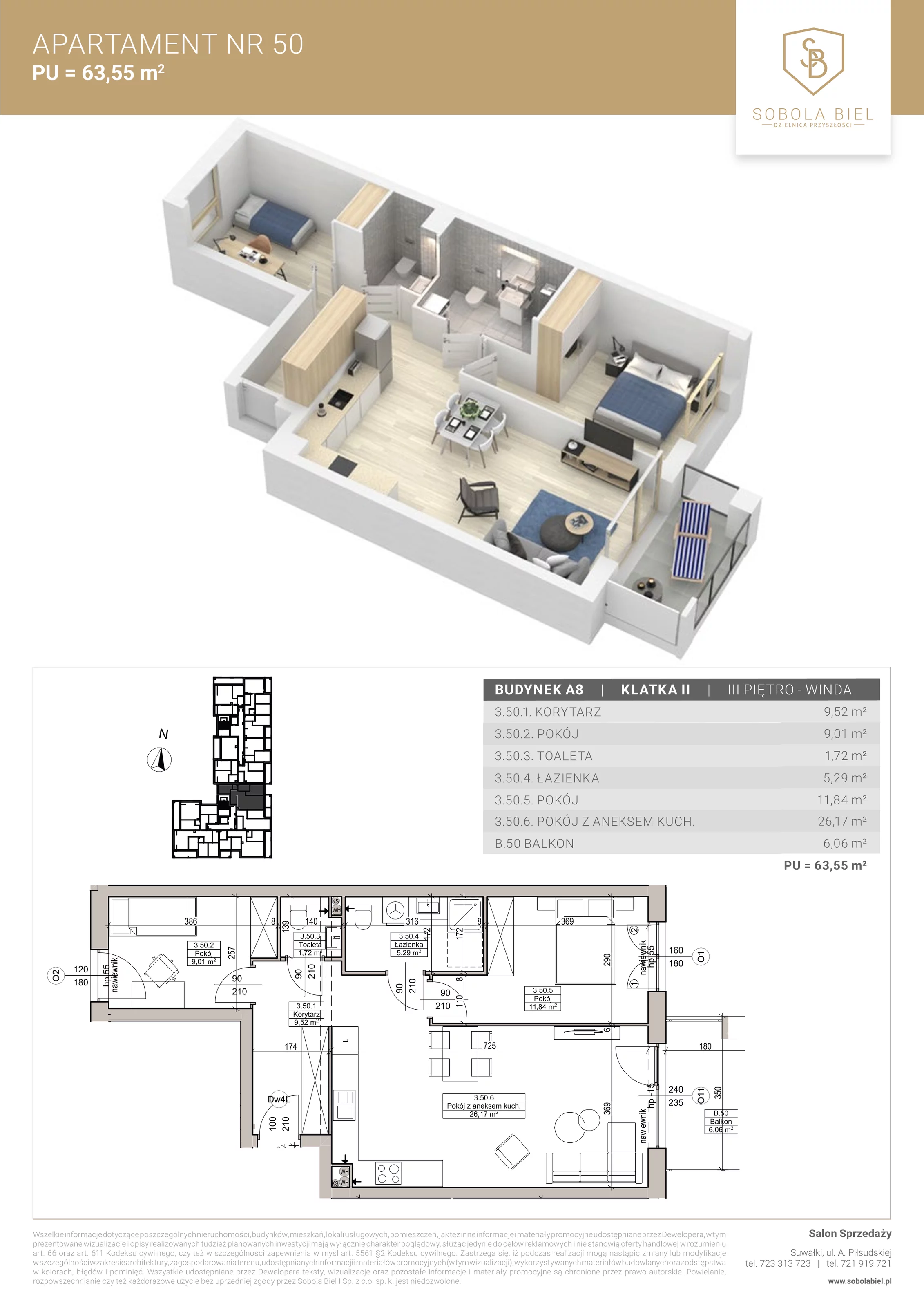 Apartament 63,55 m², piętro 3, oferta nr 50, Sobola Biel - Budynek A8, Suwałki, ul. Aleksandry Piłsudskiej