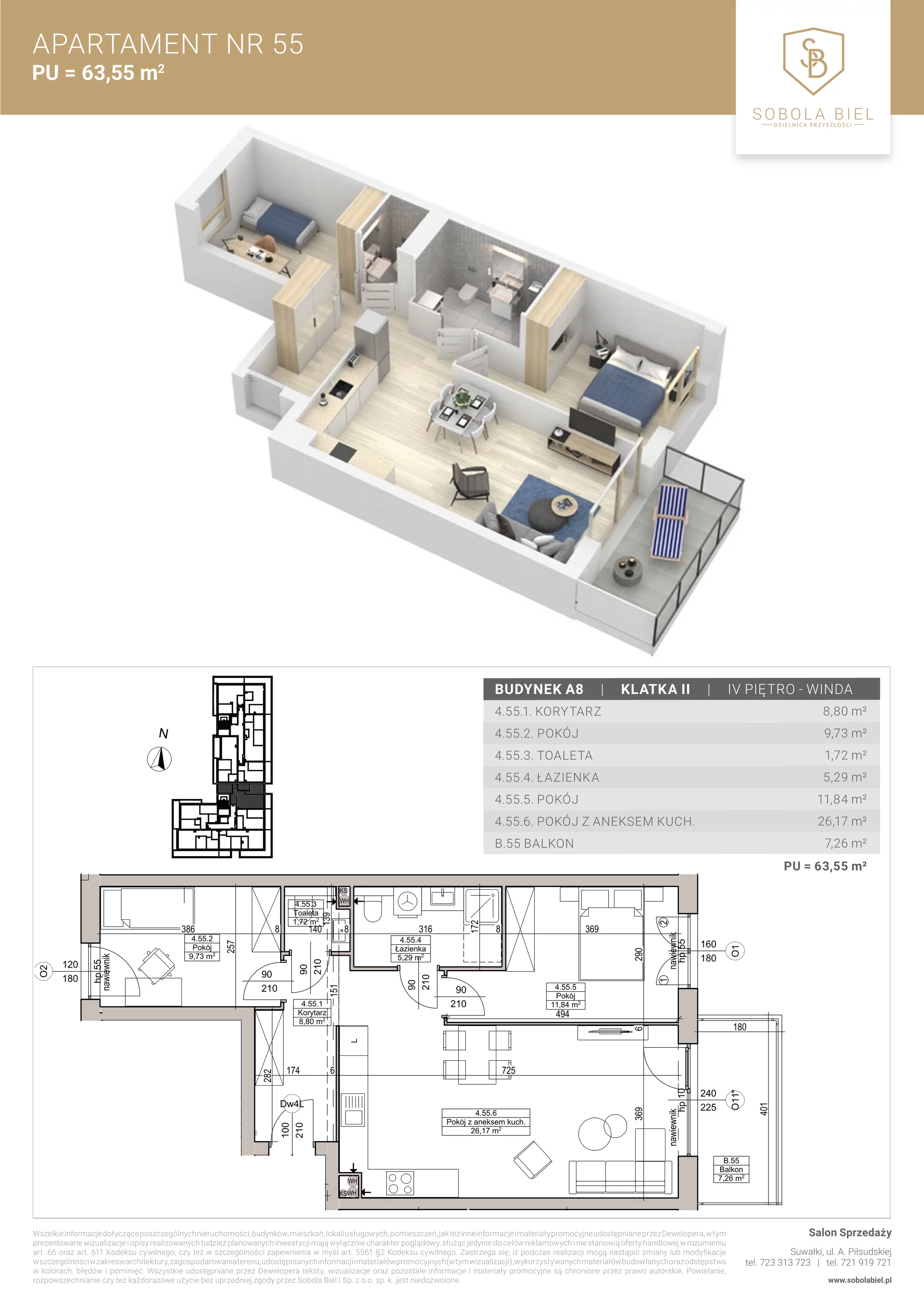 Apartament 63,55 m², piętro 4, oferta nr 55, Sobola Biel - Budynek A8, Suwałki, ul. Aleksandry Piłsudskiej