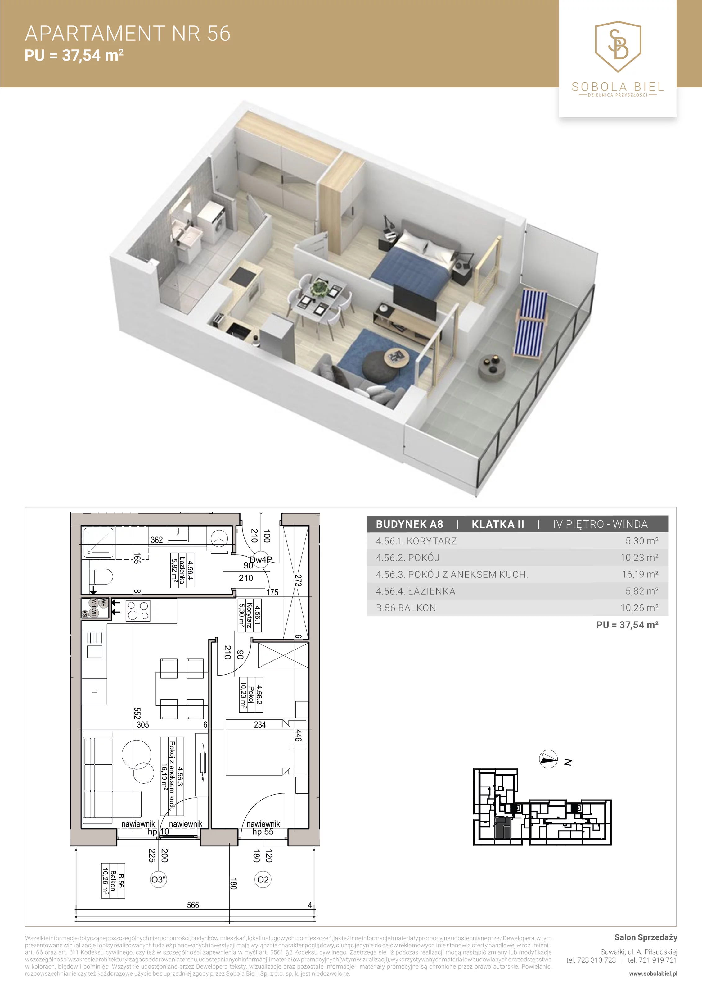 Apartament 37,54 m², piętro 4, oferta nr 56, Sobola Biel - Budynek A8, Suwałki, ul. Aleksandry Piłsudskiej