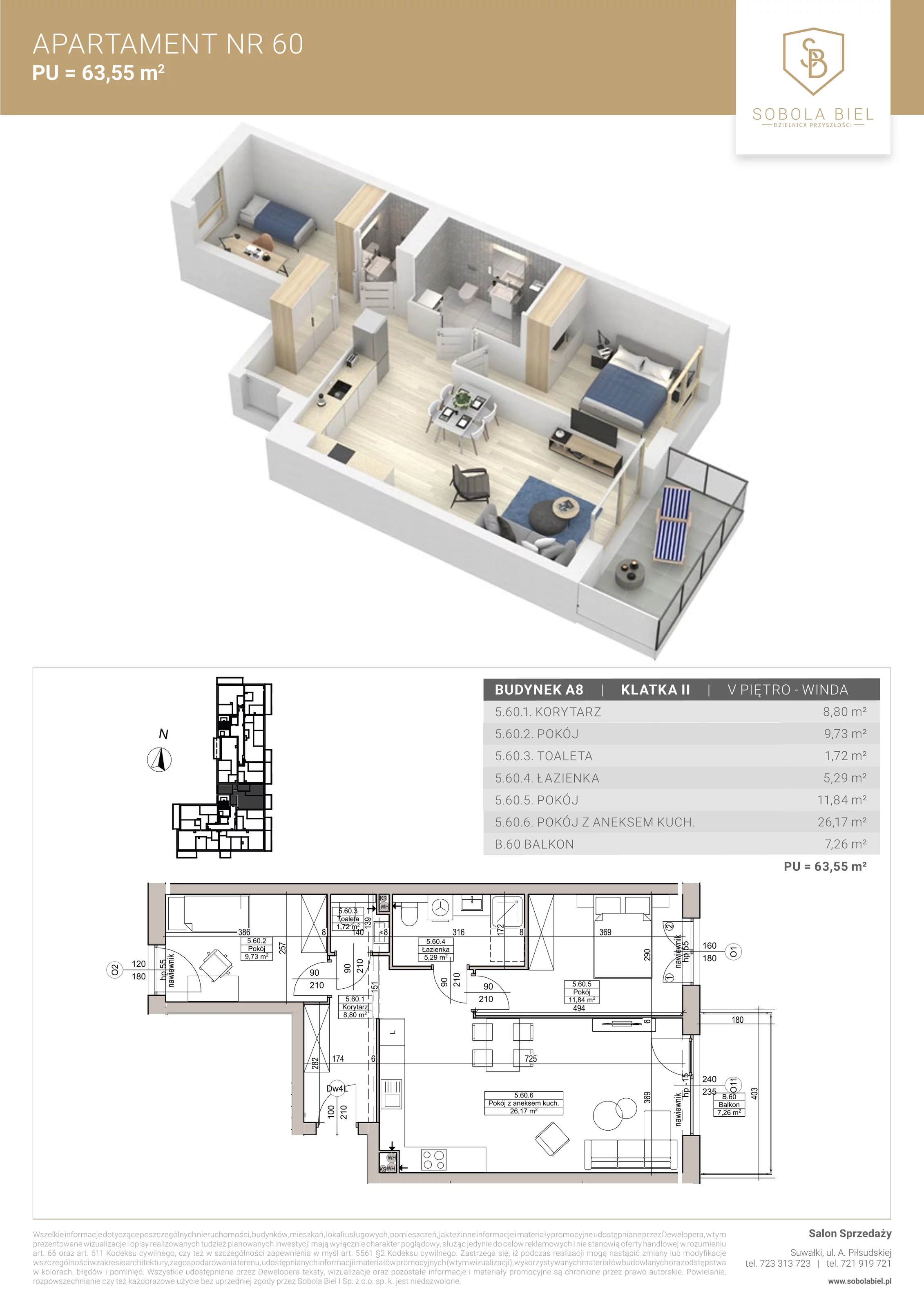 Apartament 63,55 m², piętro 5, oferta nr 60, Sobola Biel - Budynek A8, Suwałki, ul. Aleksandry Piłsudskiej