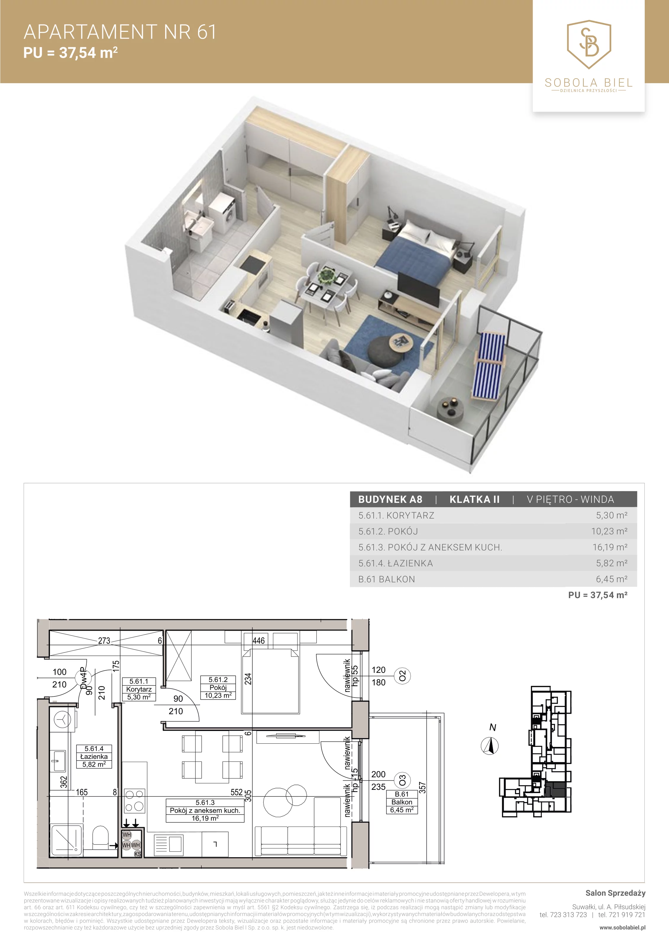 Apartament 37,54 m², piętro 5, oferta nr 61, Sobola Biel - Budynek A8, Suwałki, ul. Aleksandry Piłsudskiej