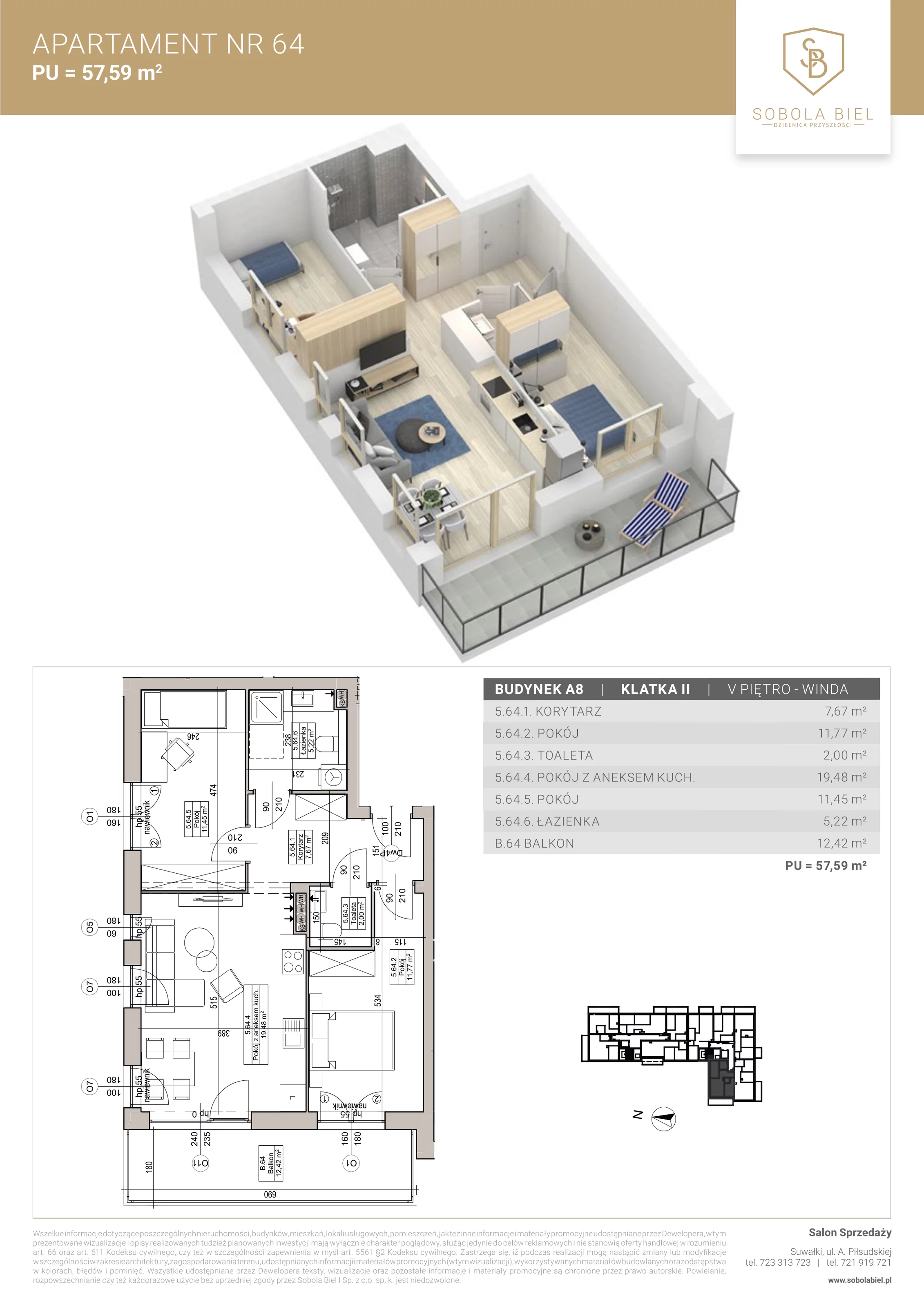 Apartament 57,59 m², piętro 5, oferta nr 64, Sobola Biel - Budynek A8, Suwałki, ul. Aleksandry Piłsudskiej