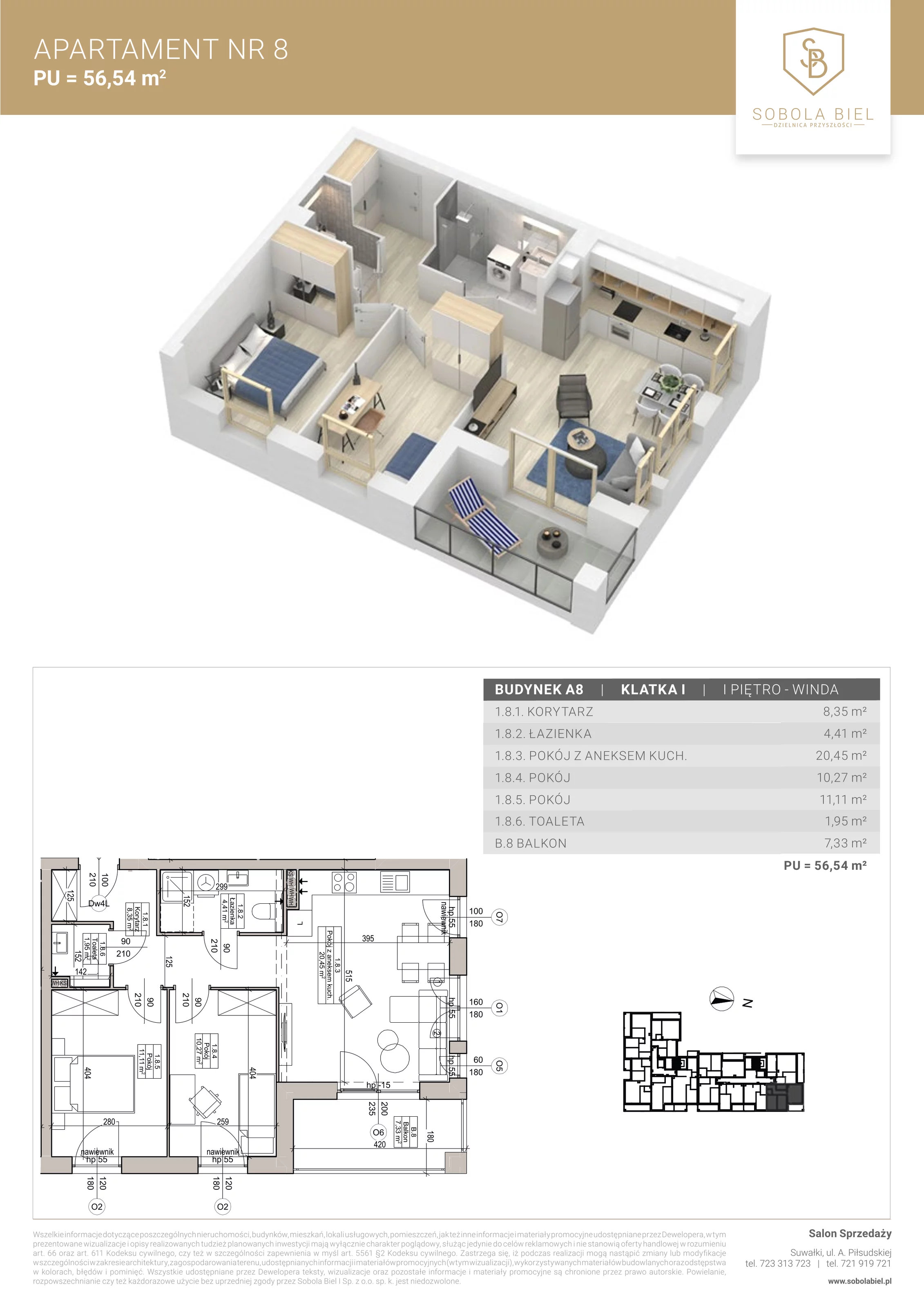 3 pokoje, apartament 56,54 m², piętro 1, oferta nr 8, Sobola Biel - Budynek A8, Suwałki, ul. Aleksandry Piłsudskiej