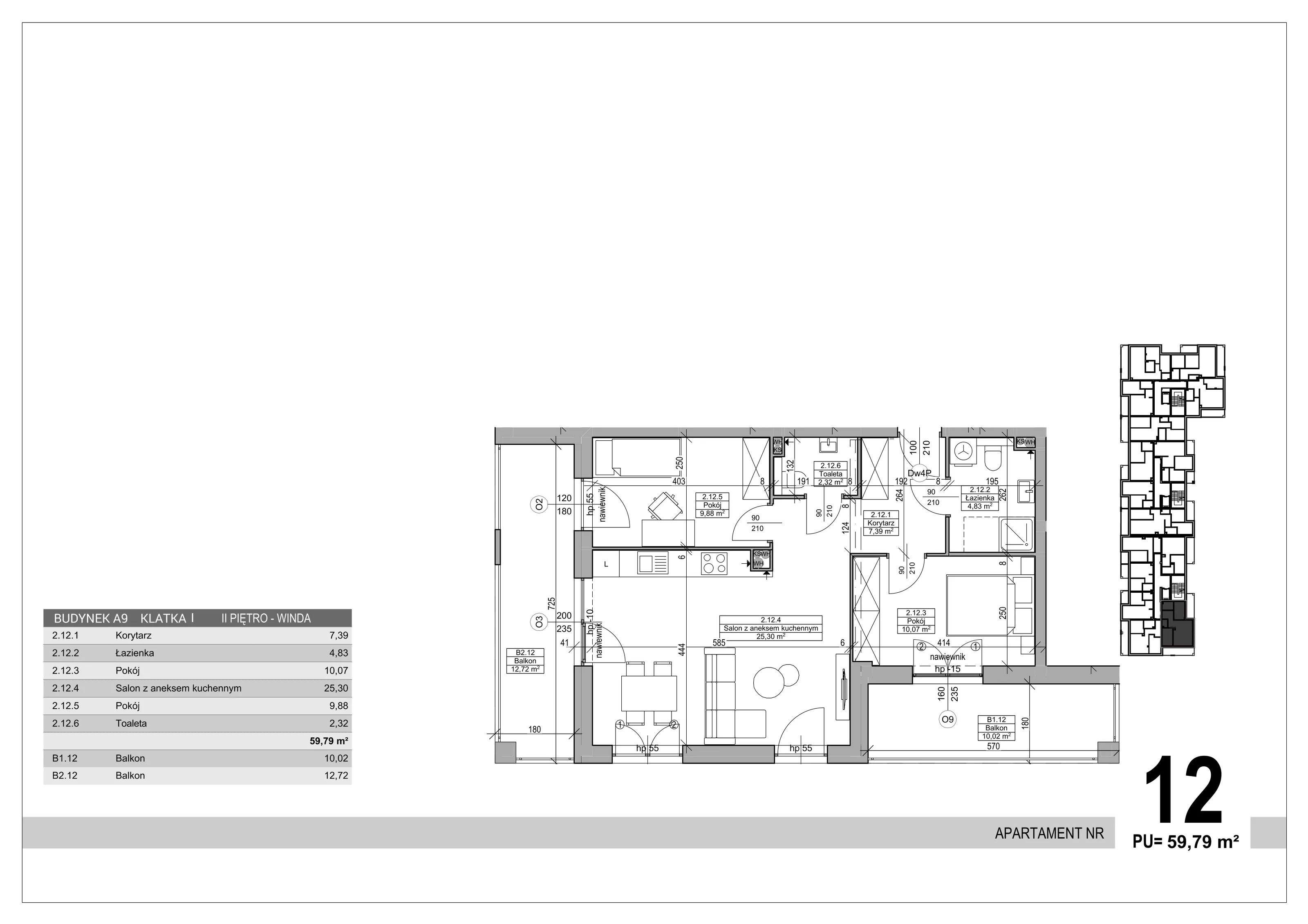 3 pokoje, apartament 59,79 m², piętro 2, oferta nr 12, Sobola Biel - Budynek A9, Suwałki, ul. Aleksandry Piłsudskiej