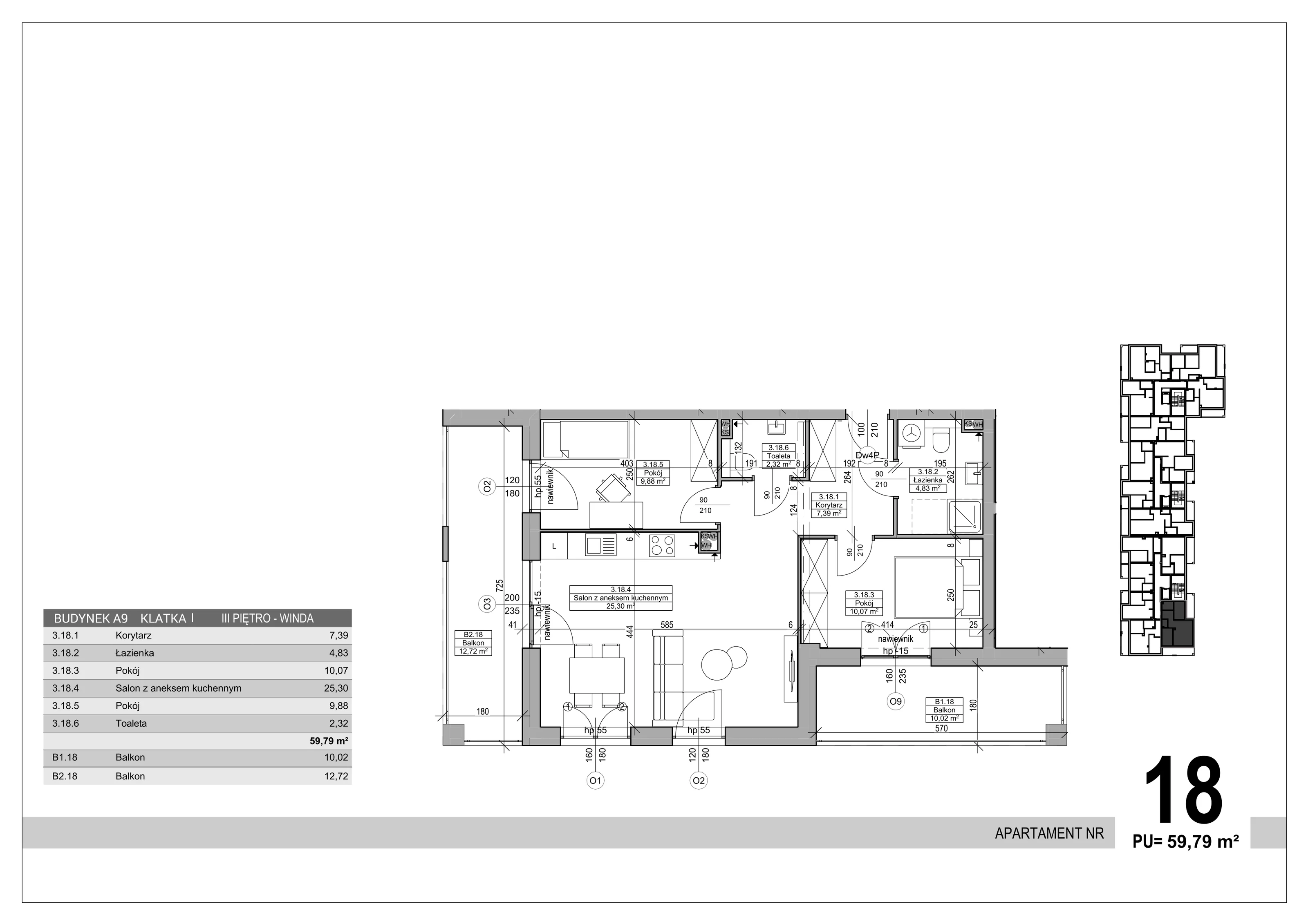 3 pokoje, apartament 59,79 m², piętro 3, oferta nr 18, Sobola Biel - Budynek A9, Suwałki, ul. Aleksandry Piłsudskiej