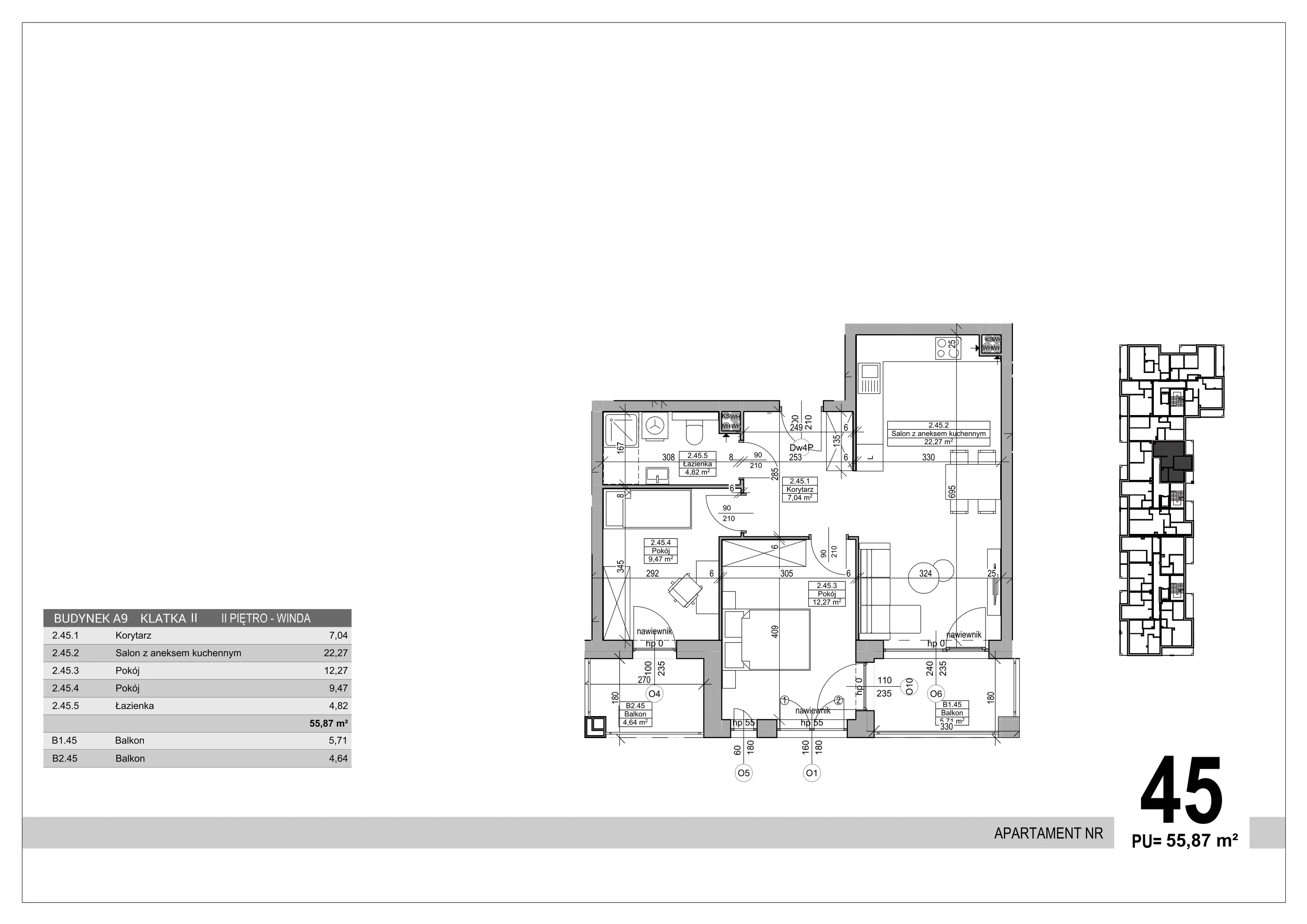 3 pokoje, apartament 55,87 m², piętro 2, oferta nr 45, Sobola Biel - Budynek A9, Suwałki, ul. Aleksandry Piłsudskiej