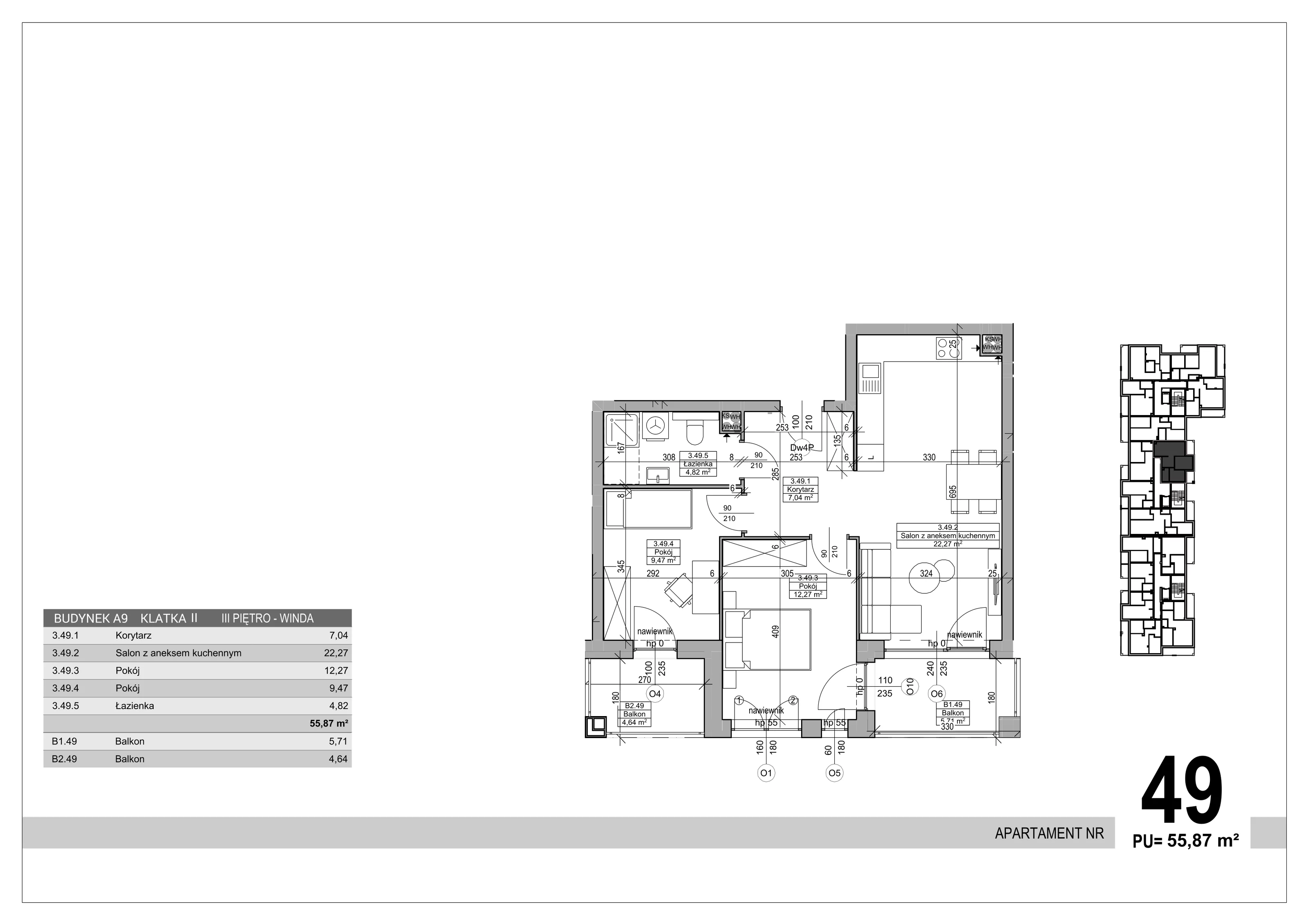 3 pokoje, apartament 55,87 m², piętro 3, oferta nr 49, Sobola Biel - Budynek A9, Suwałki, ul. Aleksandry Piłsudskiej