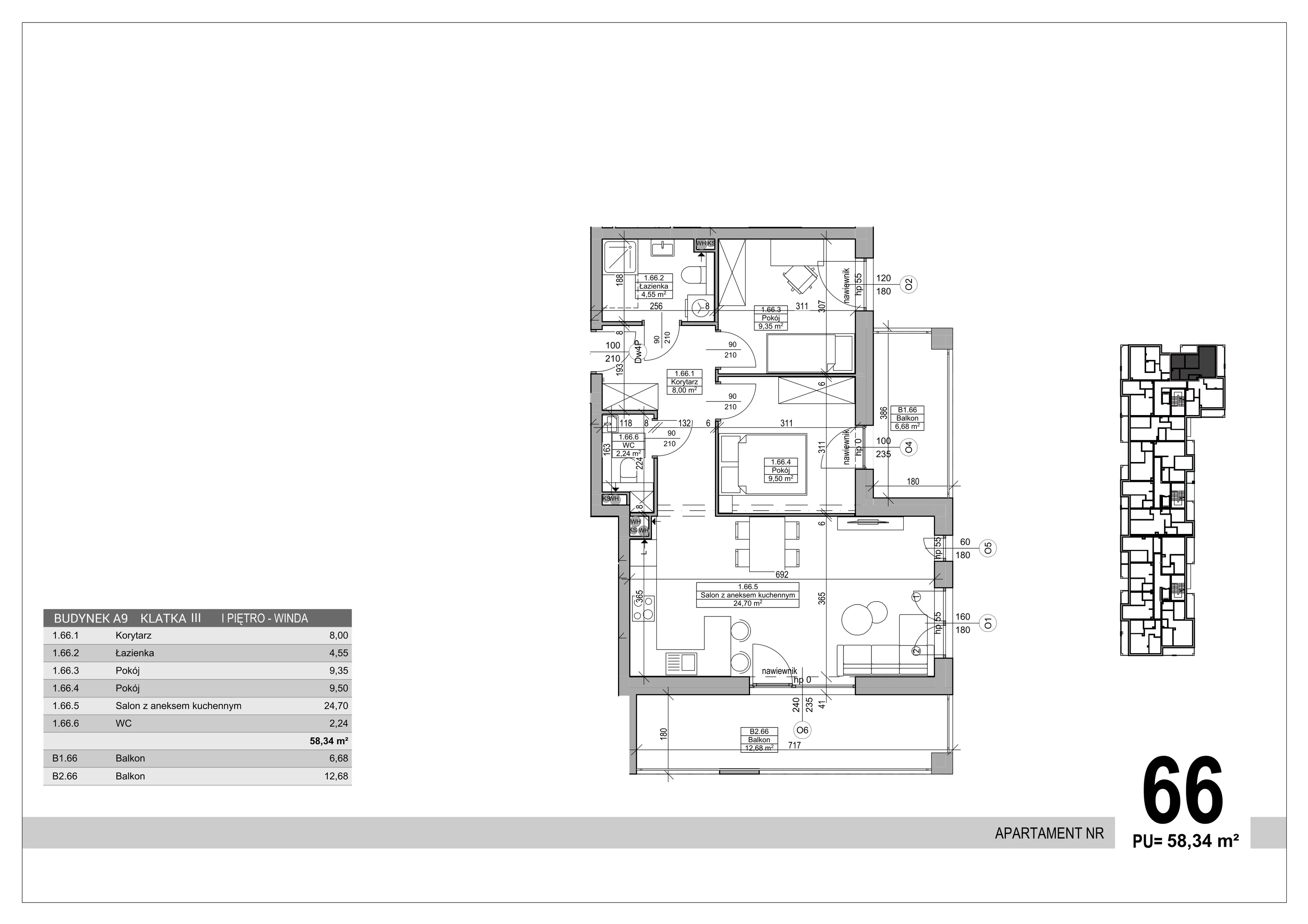 3 pokoje, apartament 58,34 m², piętro 1, oferta nr 66, Sobola Biel - Budynek A9, Suwałki, ul. Aleksandry Piłsudskiej