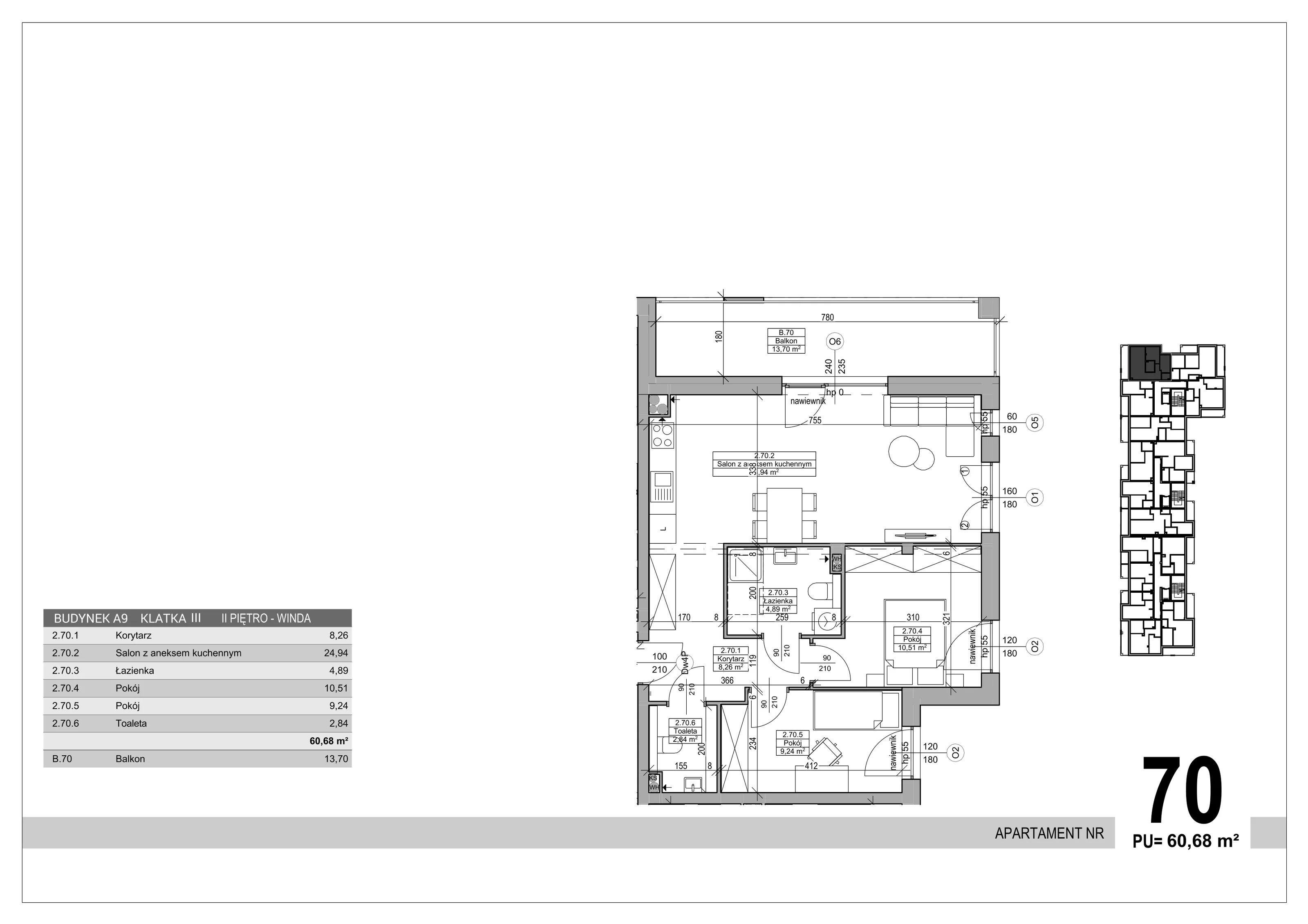 3 pokoje, apartament 60,68 m², piętro 2, oferta nr 70, Sobola Biel - Budynek A9, Suwałki, ul. Aleksandry Piłsudskiej