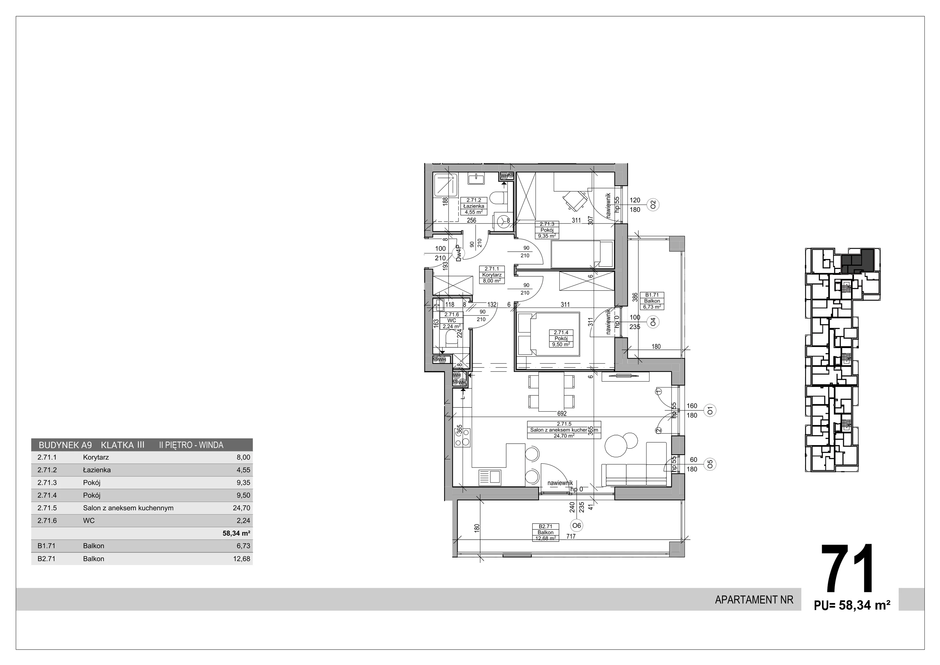 3 pokoje, apartament 58,34 m², piętro 2, oferta nr 71, Sobola Biel - Budynek A9, Suwałki, ul. Aleksandry Piłsudskiej