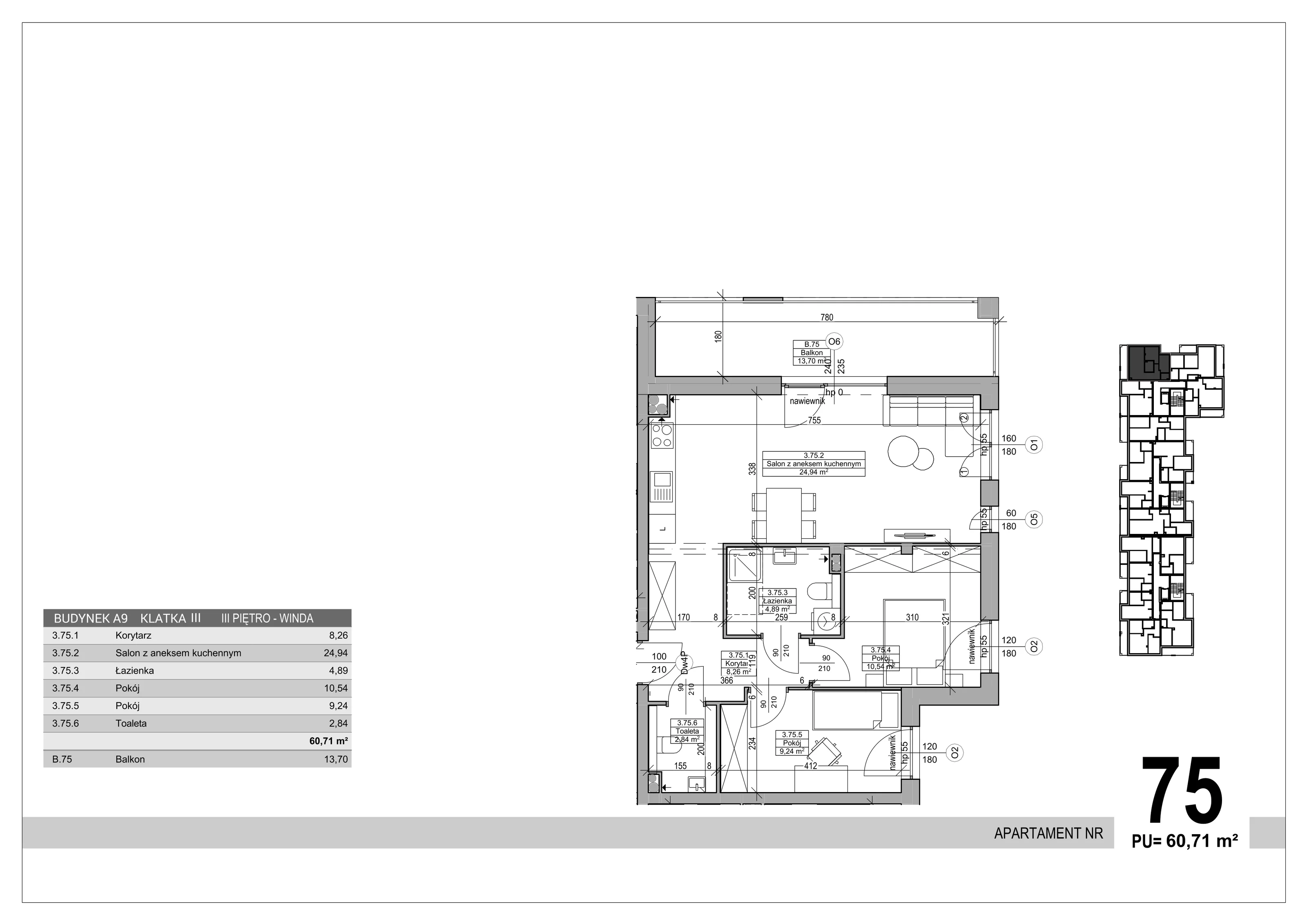 3 pokoje, apartament 60,71 m², piętro 3, oferta nr 75, Sobola Biel - Budynek A9, Suwałki, ul. Aleksandry Piłsudskiej