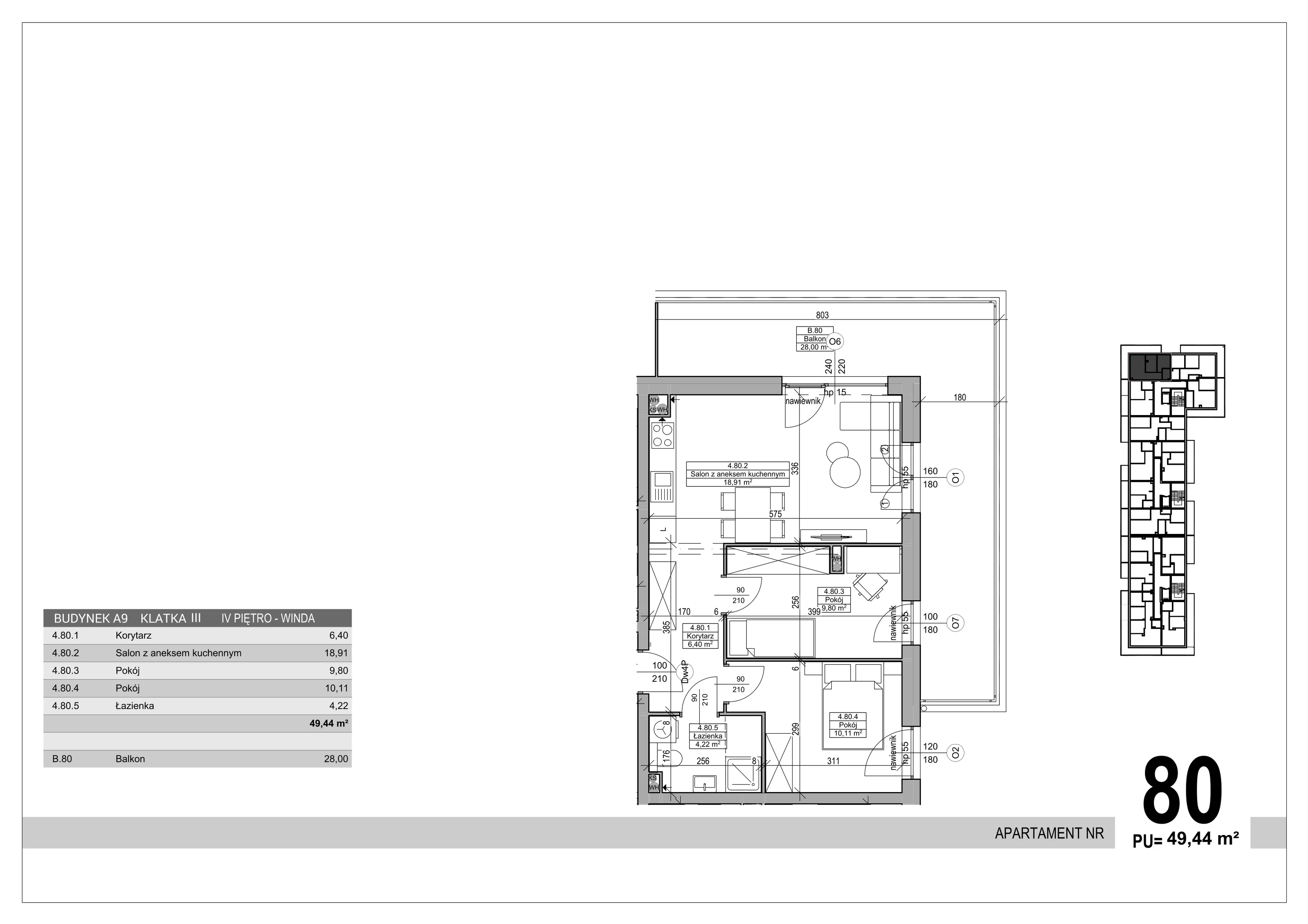 3 pokoje, apartament 49,44 m², piętro 4, oferta nr 80, Sobola Biel - Budynek A9, Suwałki, ul. Aleksandry Piłsudskiej