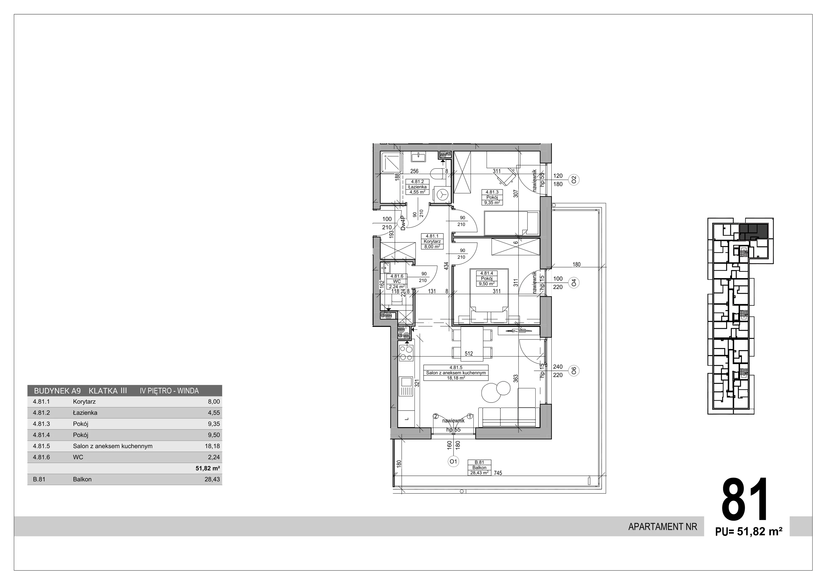 3 pokoje, apartament 51,82 m², piętro 4, oferta nr 81, Sobola Biel - Budynek A9, Suwałki, ul. Aleksandry Piłsudskiej