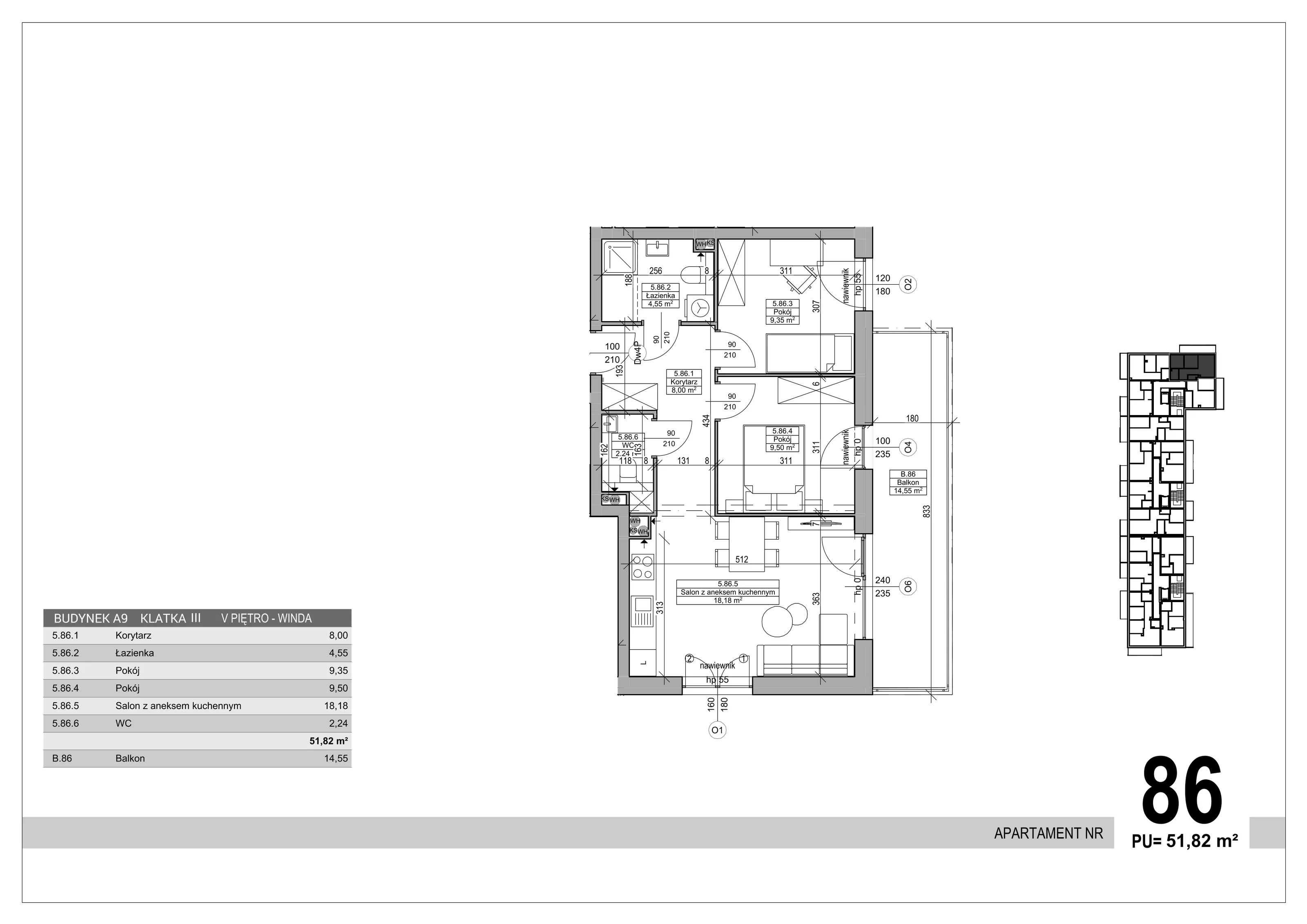 3 pokoje, apartament 51,82 m², piętro 5, oferta nr 86, Sobola Biel - Budynek A9, Suwałki, ul. Aleksandry Piłsudskiej