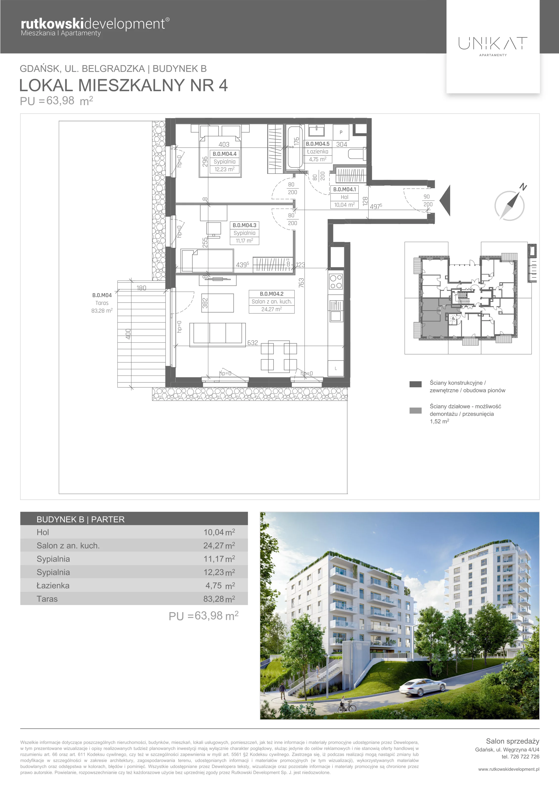 Apartament 63,98 m², parter, oferta nr 4, Unikat Apartamenty, Gdańsk, Piecki-Migowo, Morena, ul. Belgradzka 114