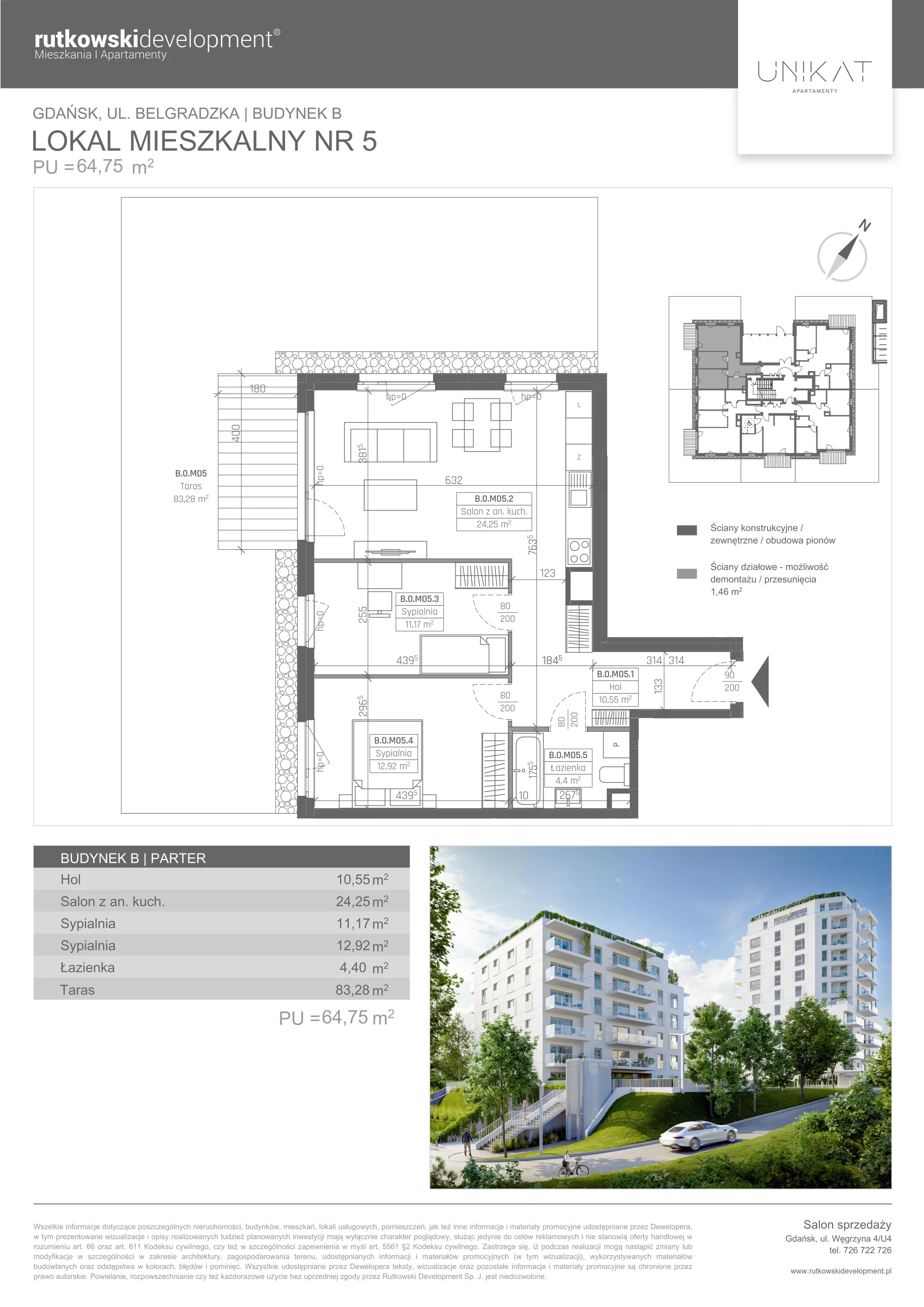 Apartament 64,75 m², parter, oferta nr 5, Unikat Apartamenty, Gdańsk, Piecki-Migowo, Morena, ul. Belgradzka 114