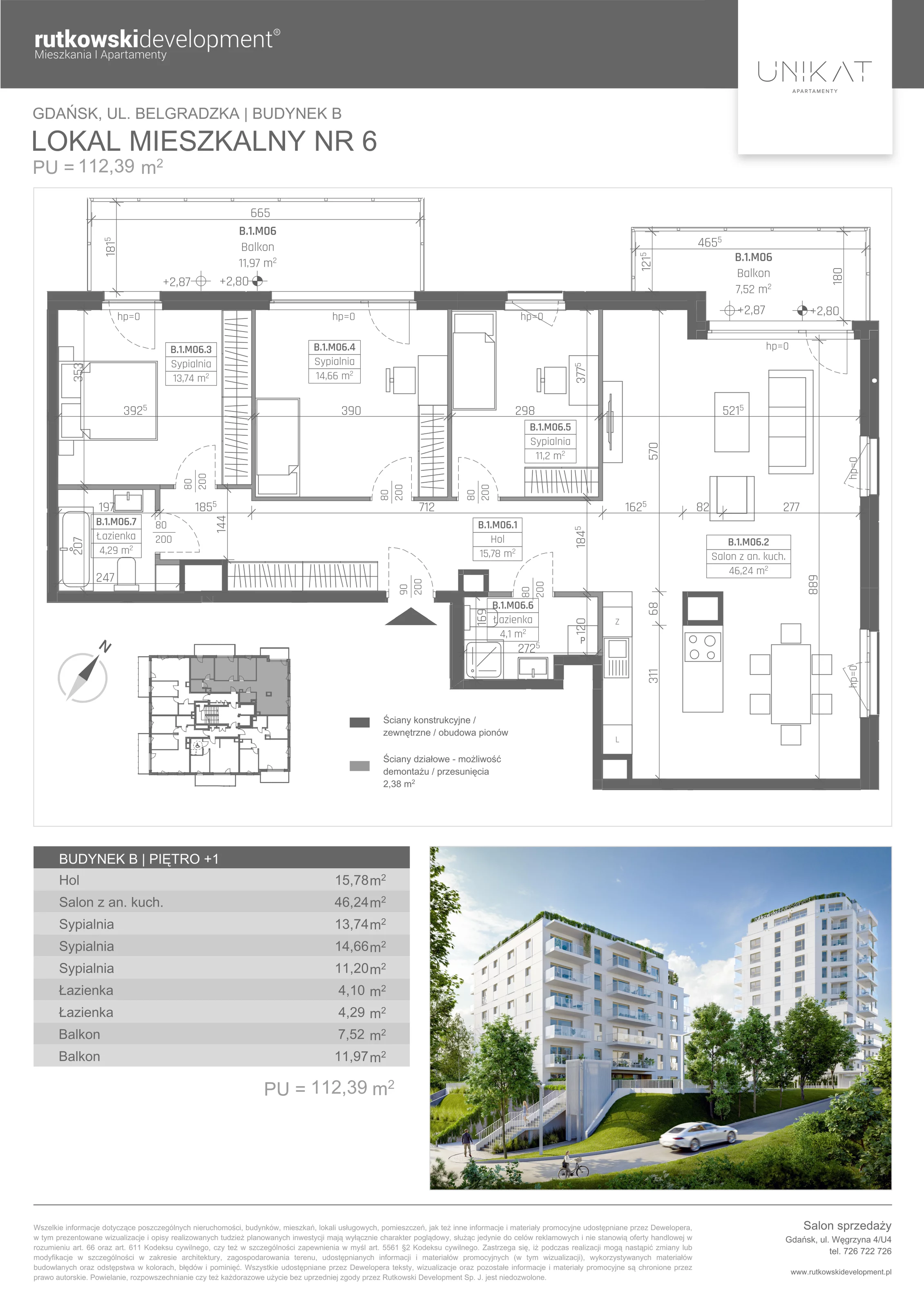 Apartament 112,39 m², piętro 1, oferta nr 6, Unikat Apartamenty, Gdańsk, Piecki-Migowo, Morena, ul. Belgradzka 114