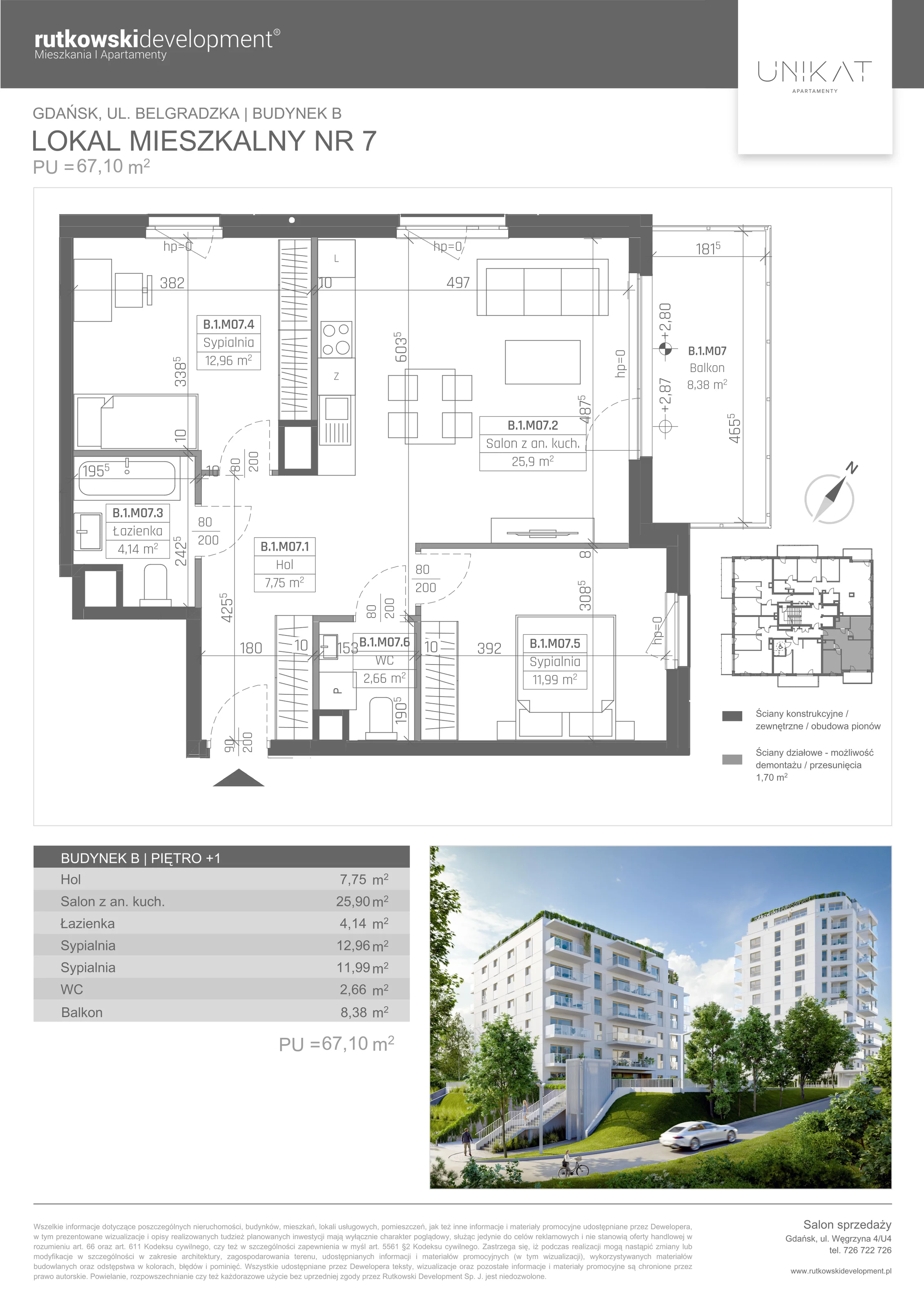 Apartament 67,10 m², piętro 1, oferta nr 7, Unikat Apartamenty, Gdańsk, Piecki-Migowo, Morena, ul. Belgradzka 114