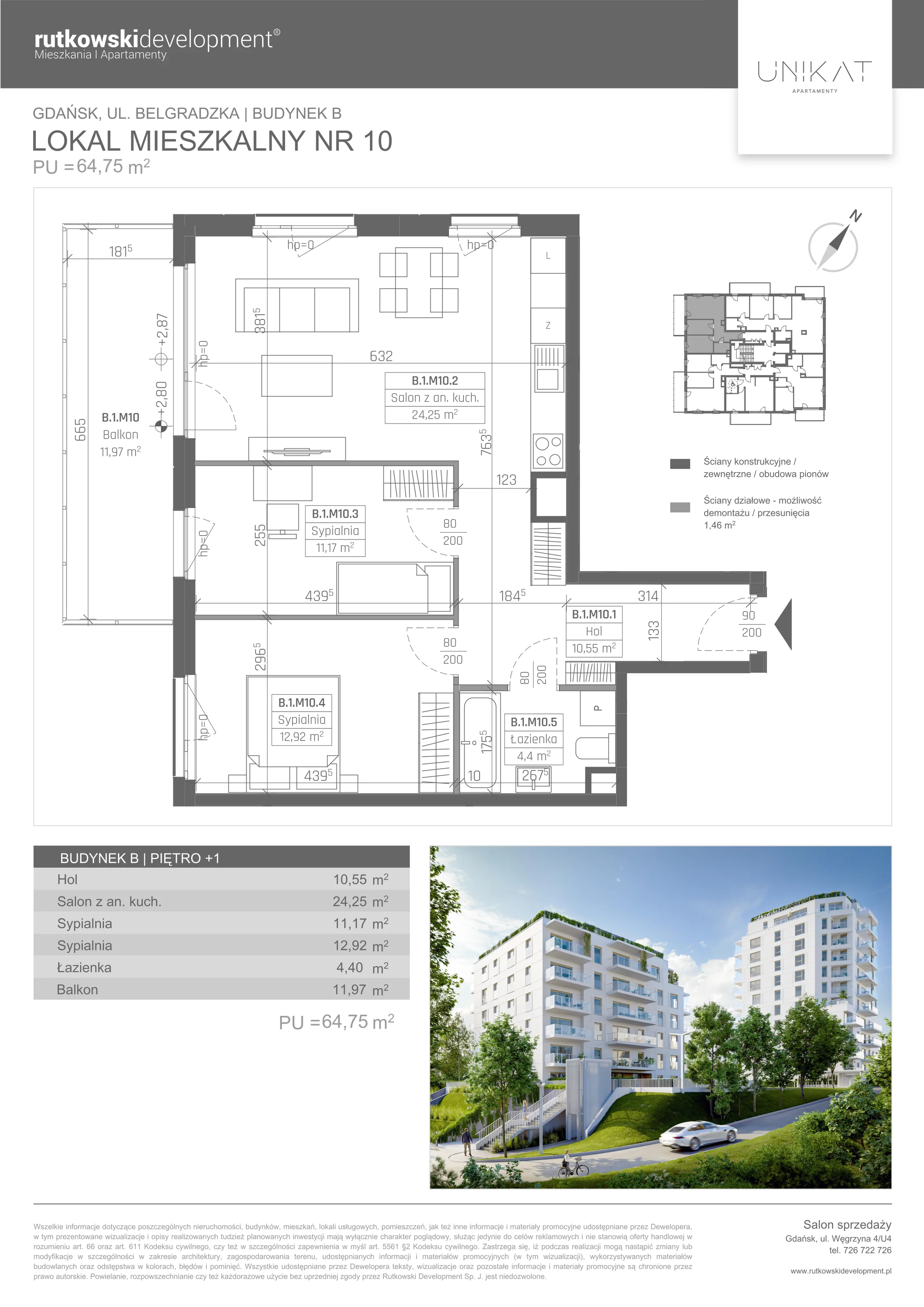 Apartament 64,75 m², piętro 1, oferta nr 10, Unikat Apartamenty, Gdańsk, Piecki-Migowo, Morena, ul. Belgradzka 114