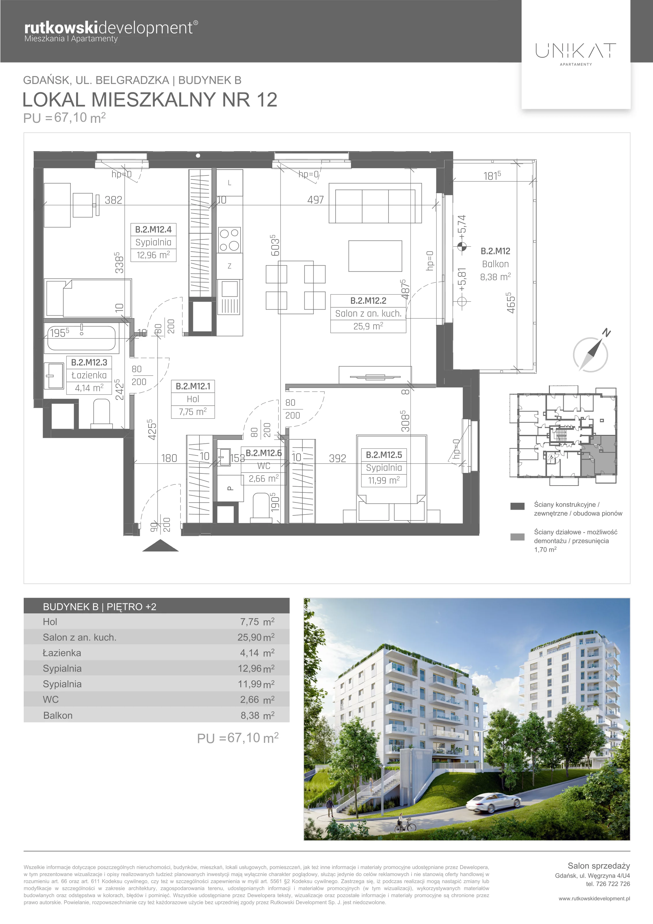 Apartament 67,10 m², piętro 2, oferta nr 12, Unikat Apartamenty, Gdańsk, Piecki-Migowo, Morena, ul. Belgradzka 114