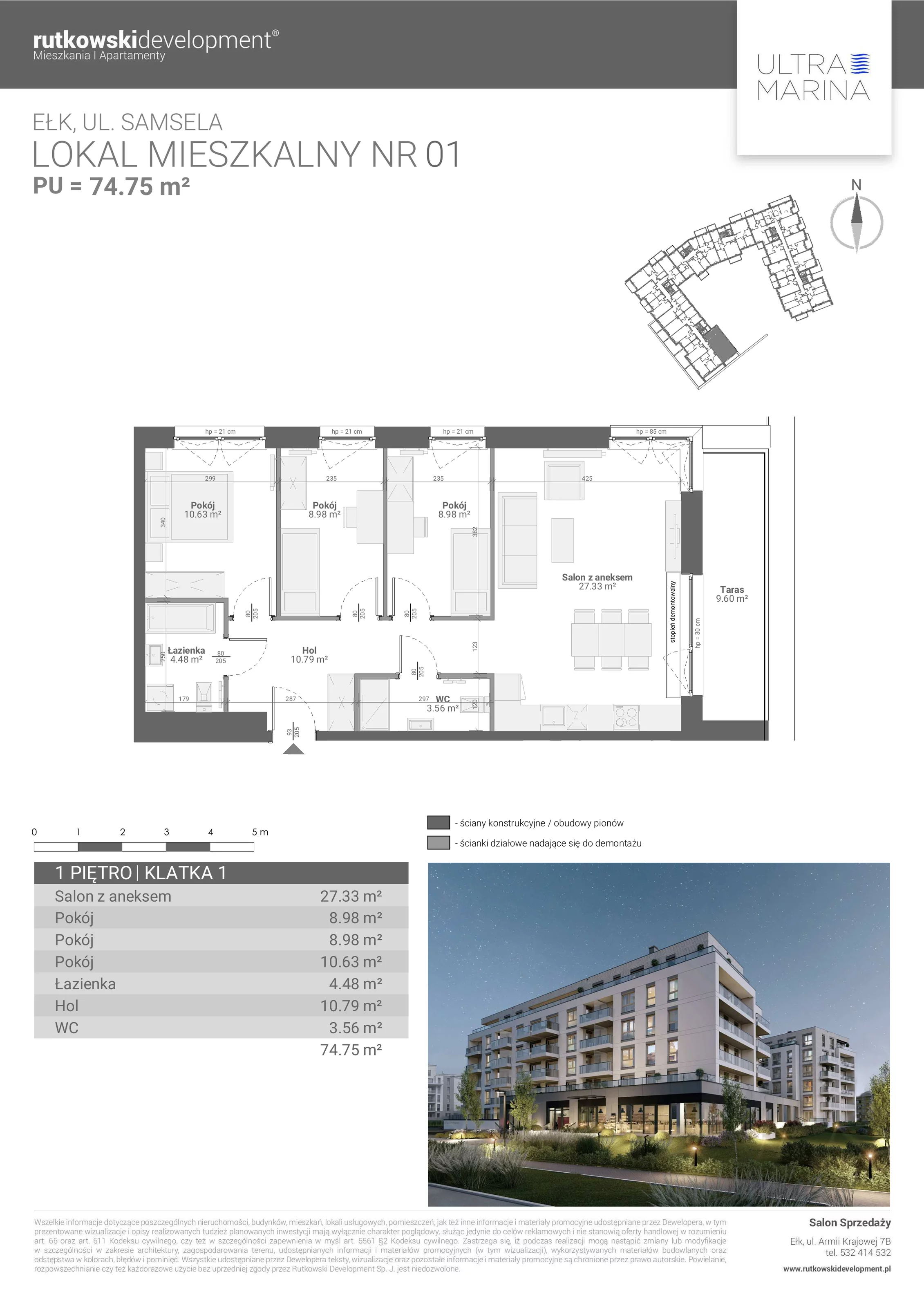 4 pokoje, apartament 74,75 m², piętro 1, oferta nr M - 1, Ultra Marina, Ełk, Jeziorna, ul. bp. Edwarda Samsela 3