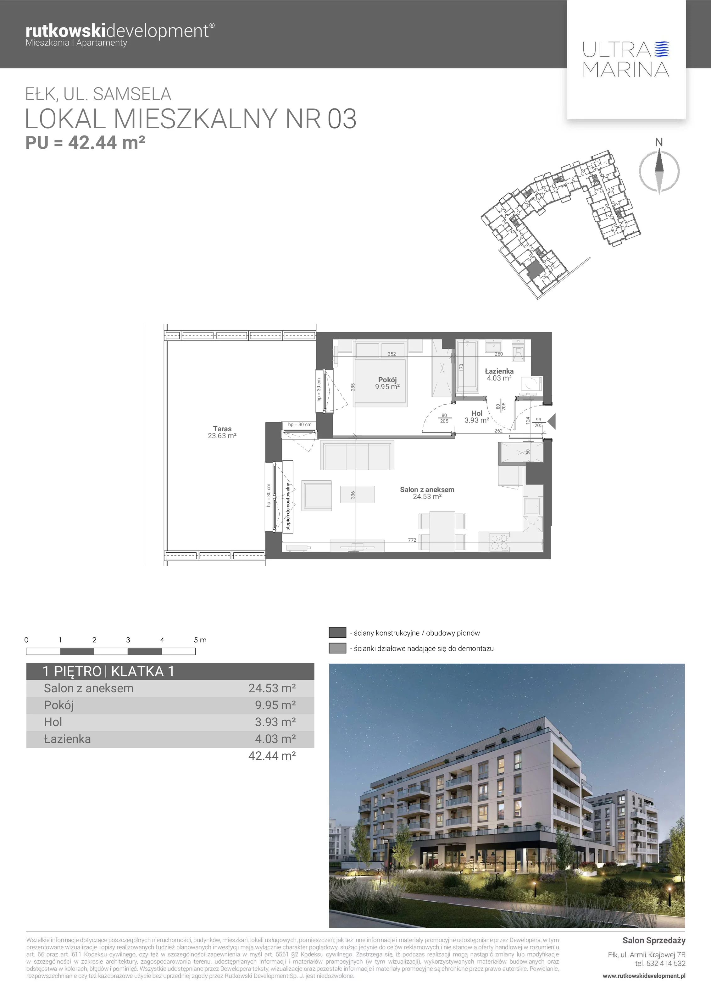 Apartament 42,44 m², piętro 1, oferta nr M - 3, Ultra Marina, Ełk, Jeziorna, ul. bp. Edwarda Samsela 3