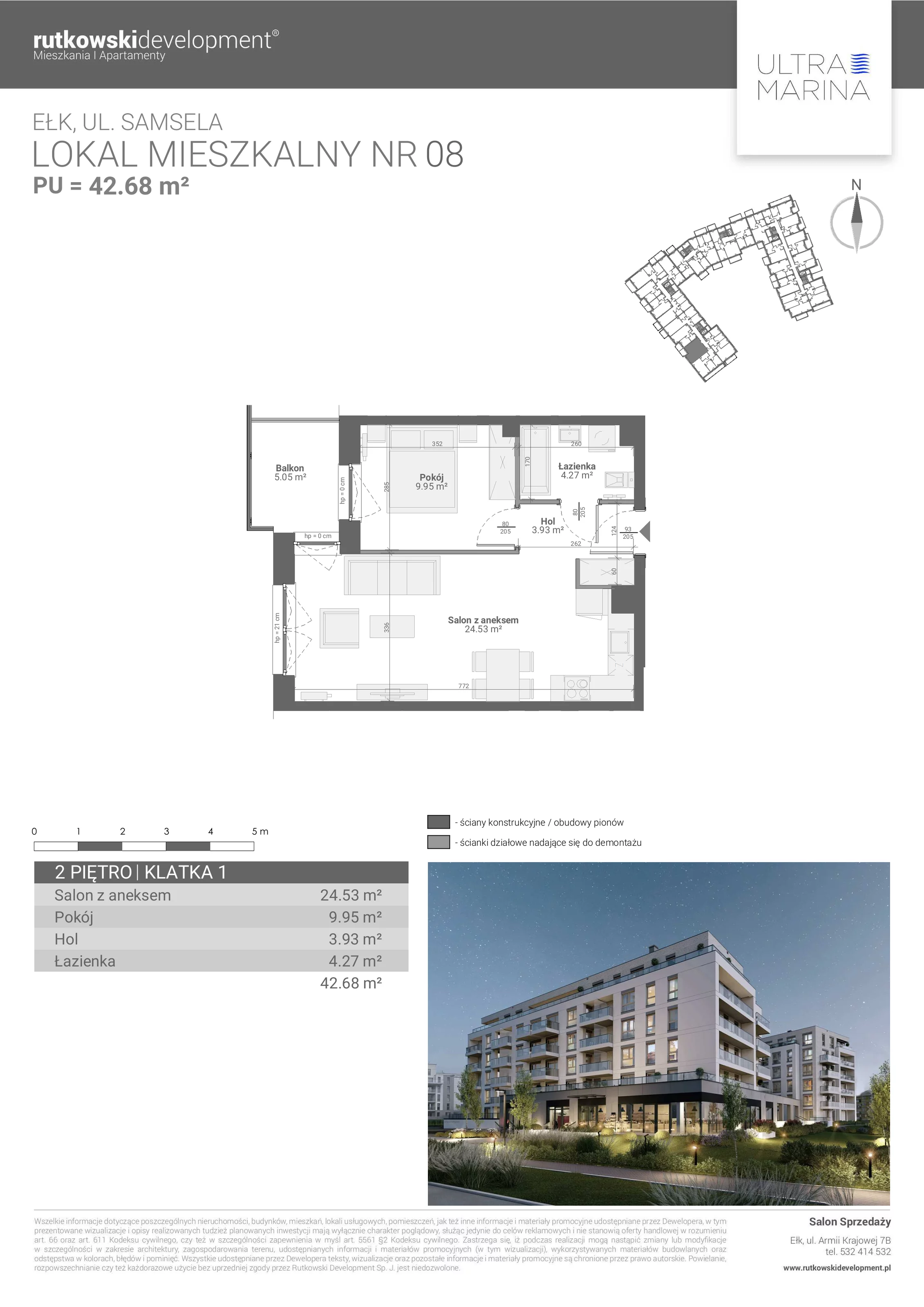 2 pokoje, apartament 42,68 m², piętro 2, oferta nr M - 8, Ultra Marina, Ełk, Jeziorna, ul. bp. Edwarda Samsela 3