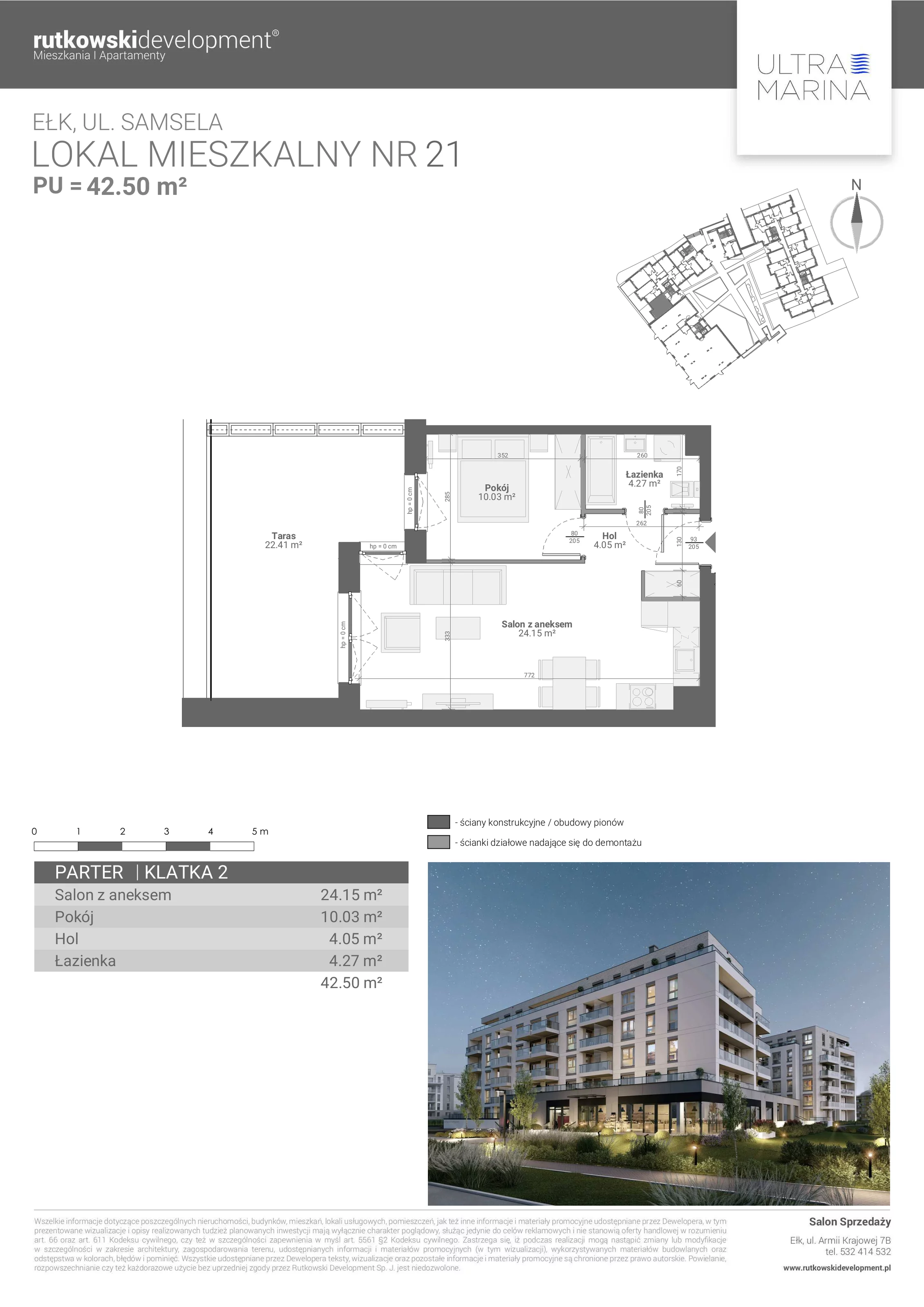 2 pokoje, apartament 42,50 m², parter, oferta nr M - 21, Ultra Marina, Ełk, Jeziorna, ul. bp. Edwarda Samsela 3