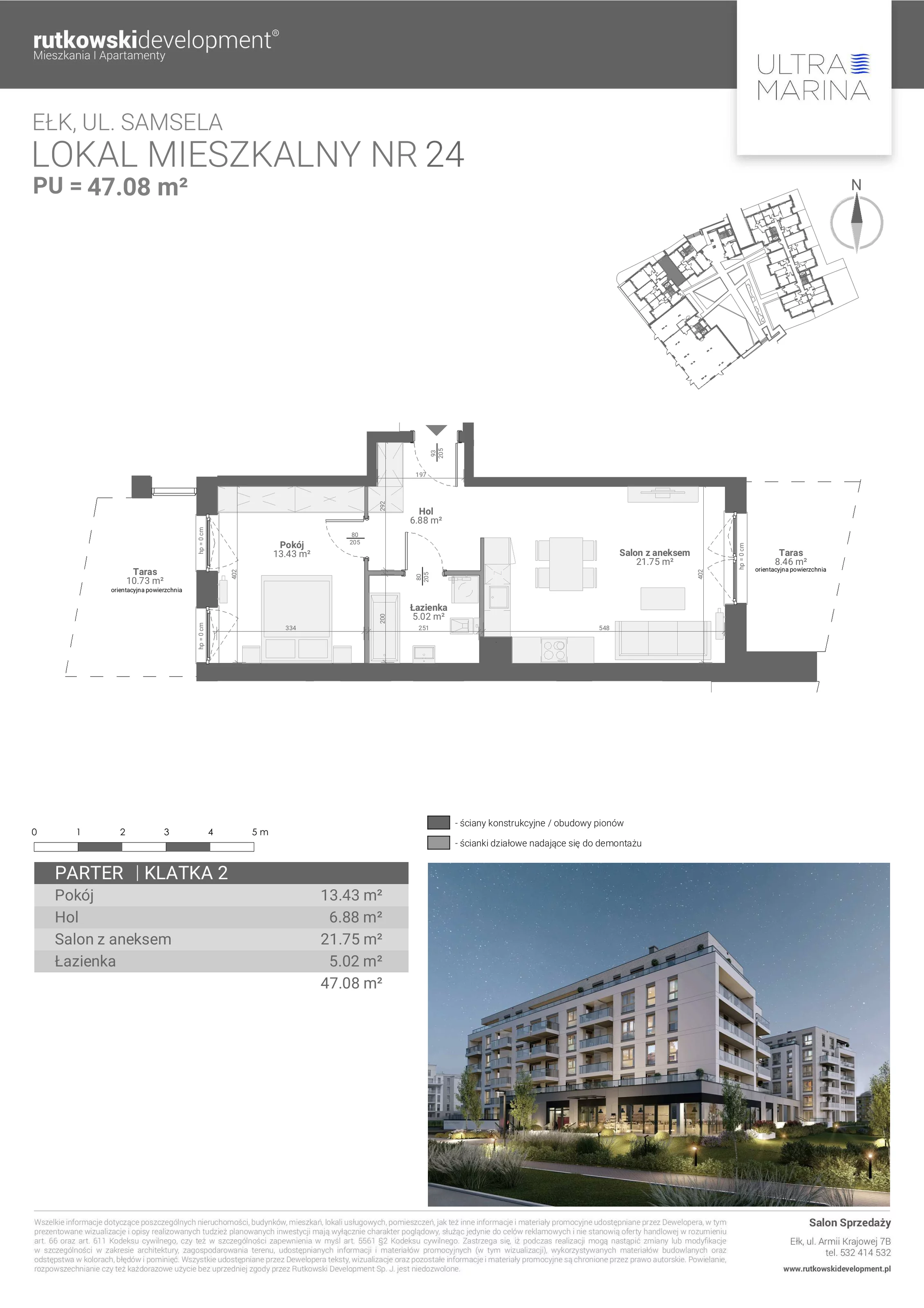 2 pokoje, apartament 47,08 m², parter, oferta nr M - 24, Ultra Marina, Ełk, Jeziorna, ul. bp. Edwarda Samsela 3