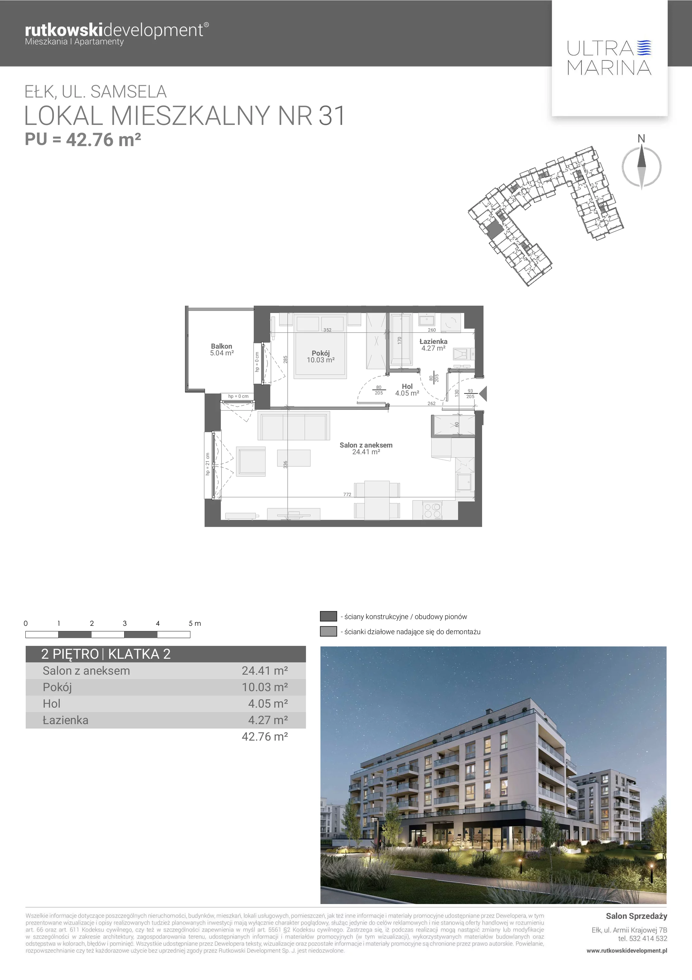 Apartament 42,76 m², piętro 2, oferta nr M - 31, Ultra Marina, Ełk, Jeziorna, ul. bp. Edwarda Samsela 3