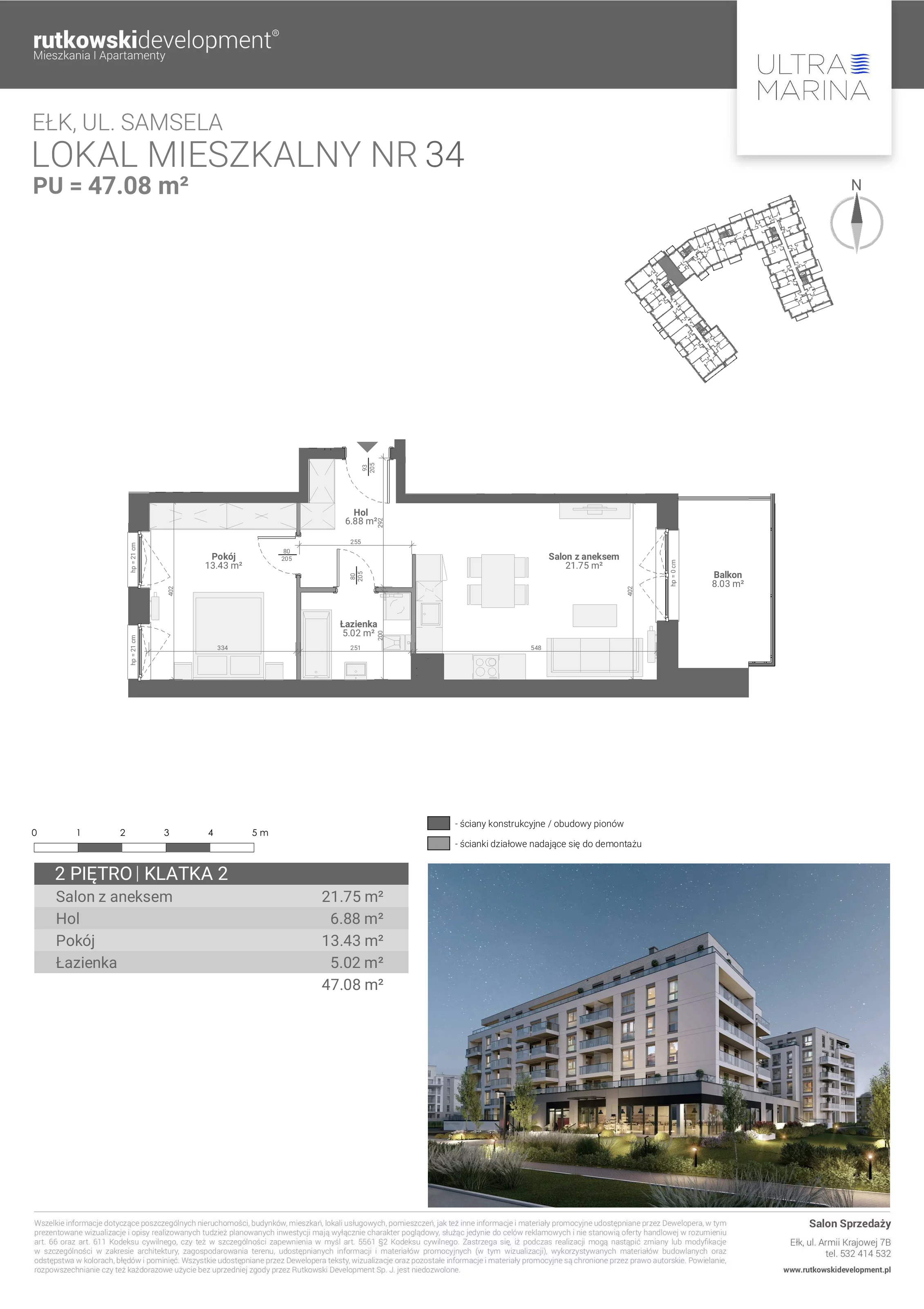 Apartament 47,08 m², piętro 2, oferta nr M - 34, Ultra Marina, Ełk, Jeziorna, ul. bp. Edwarda Samsela 3