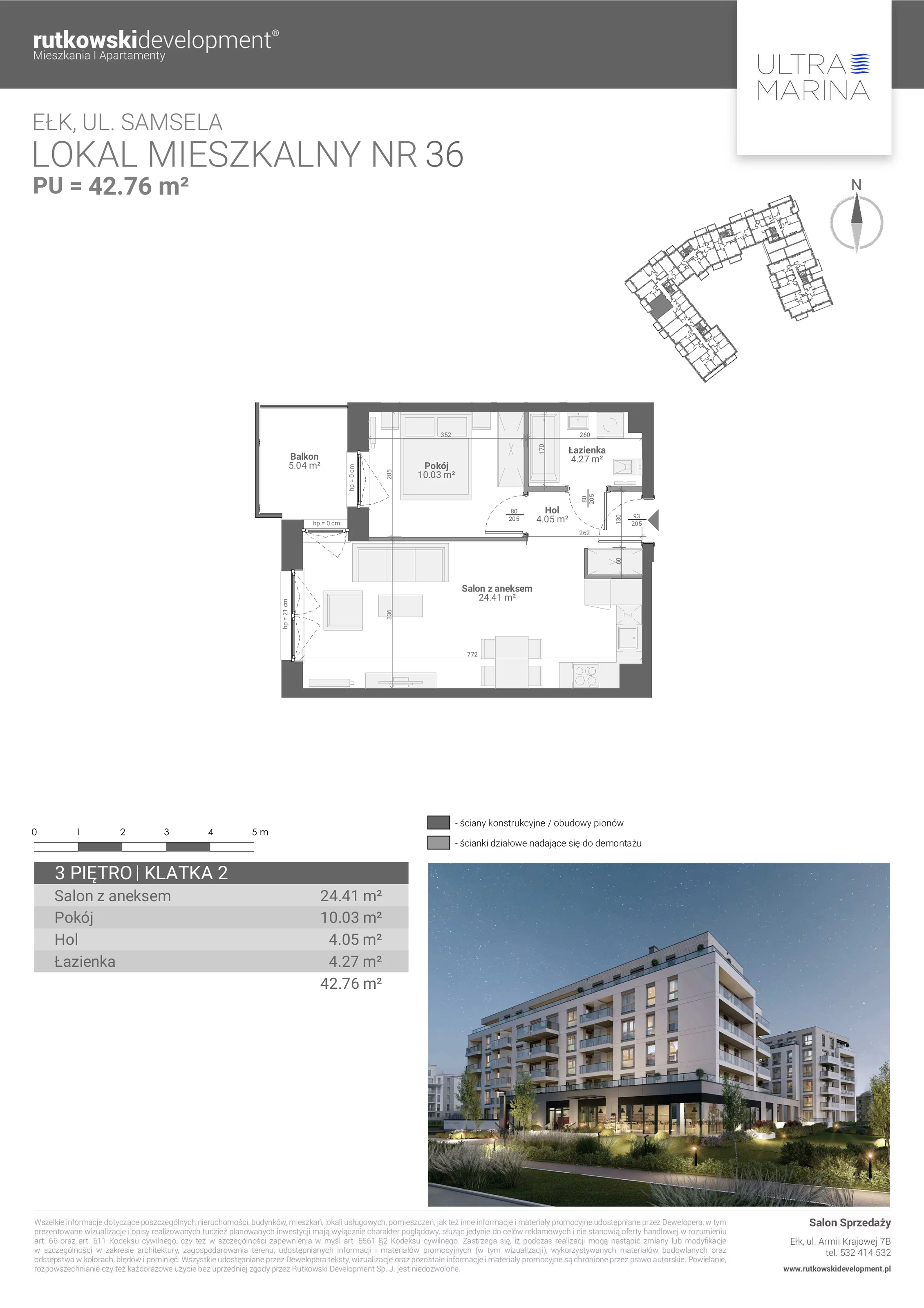 2 pokoje, apartament 42,76 m², piętro 3, oferta nr M - 36, Ultra Marina, Ełk, Jeziorna, ul. bp. Edwarda Samsela 3