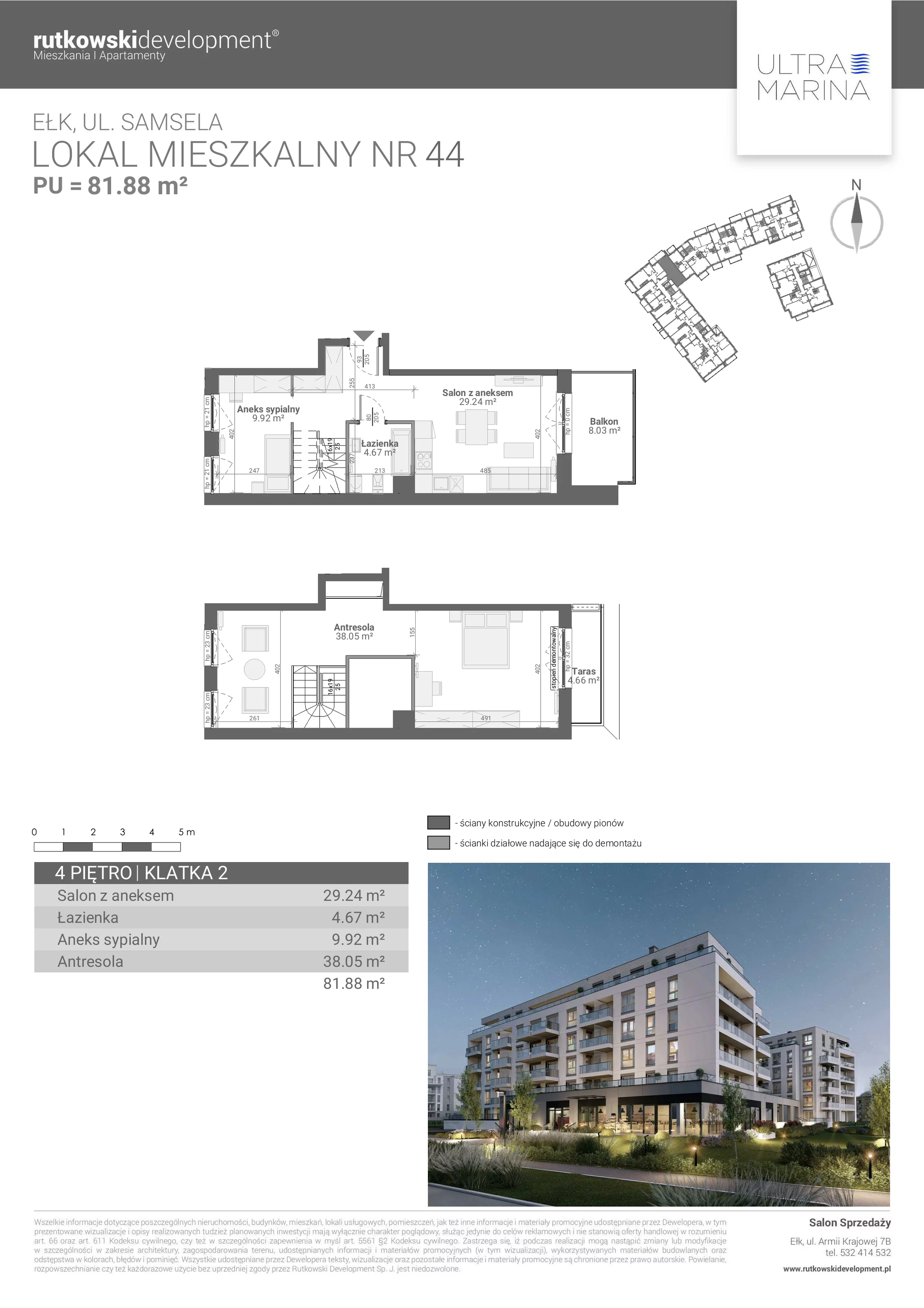 5 pokoi, apartament 81,88 m², piętro 4, oferta nr M - 44, Ultra Marina, Ełk, Jeziorna, ul. bp. Edwarda Samsela 3