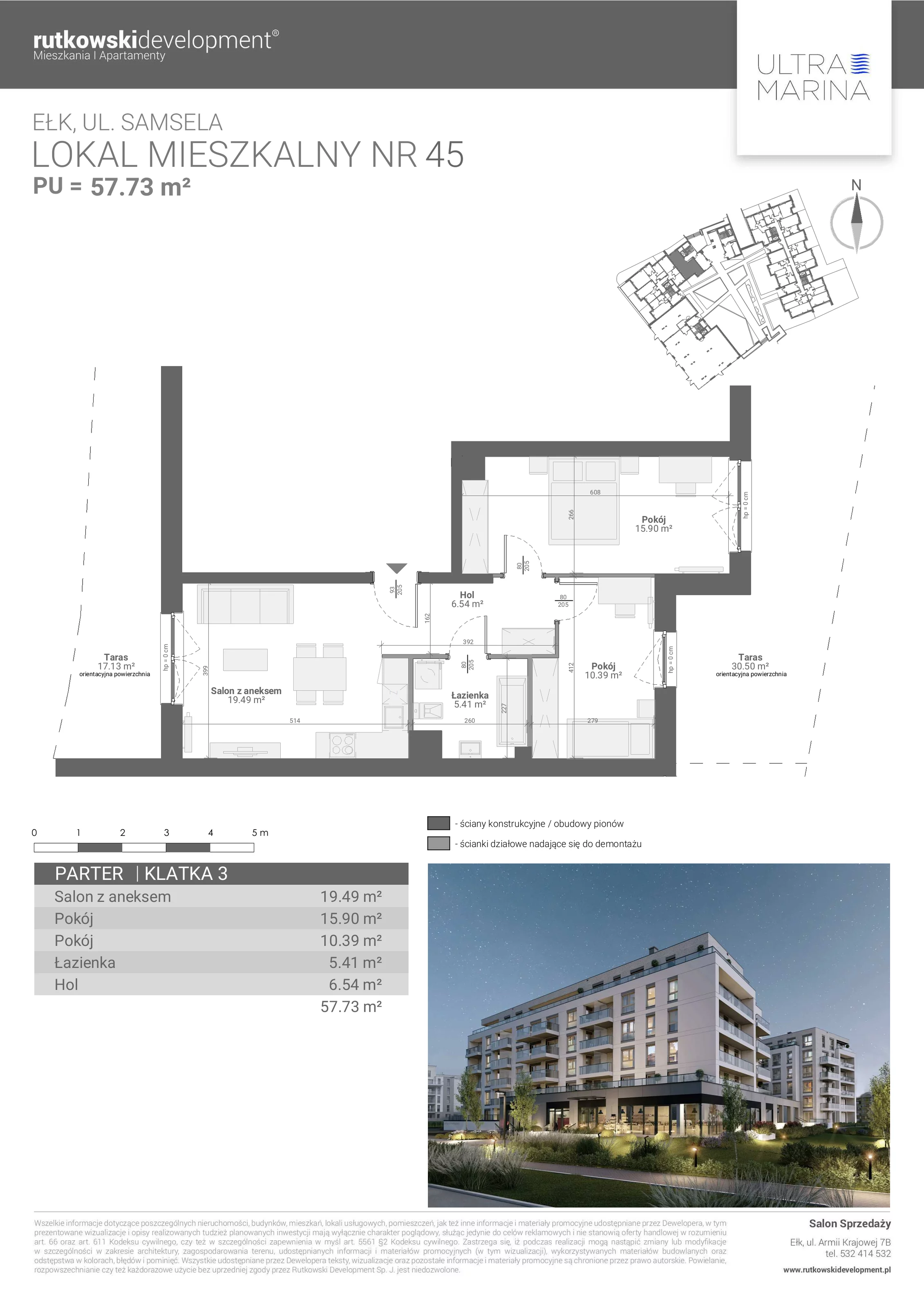 3 pokoje, apartament 57,73 m², parter, oferta nr M - 45, Ultra Marina, Ełk, Jeziorna, ul. bp. Edwarda Samsela 3