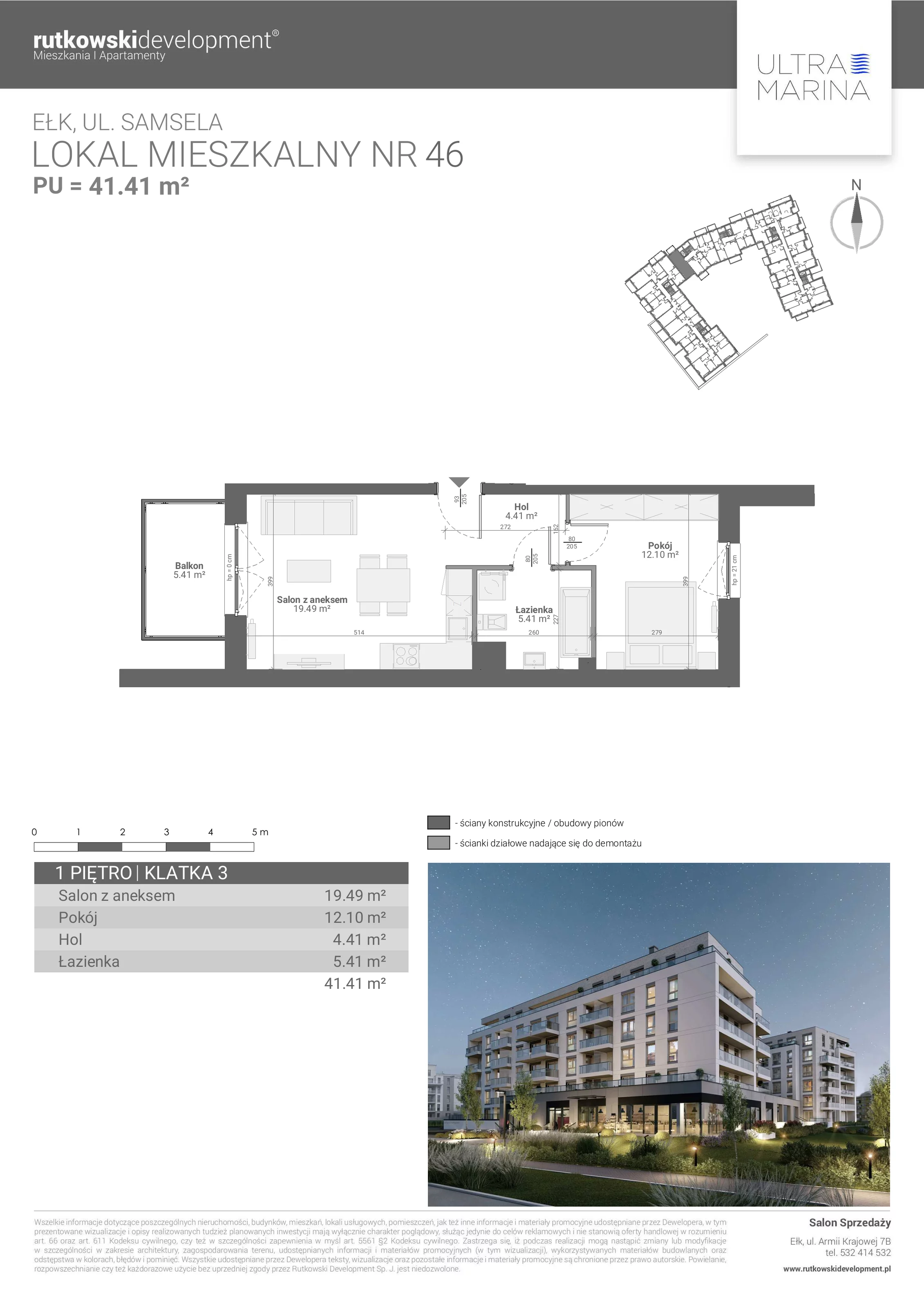 Apartament 41,41 m², piętro 1, oferta nr M - 46, Ultra Marina, Ełk, Jeziorna, ul. bp. Edwarda Samsela 3