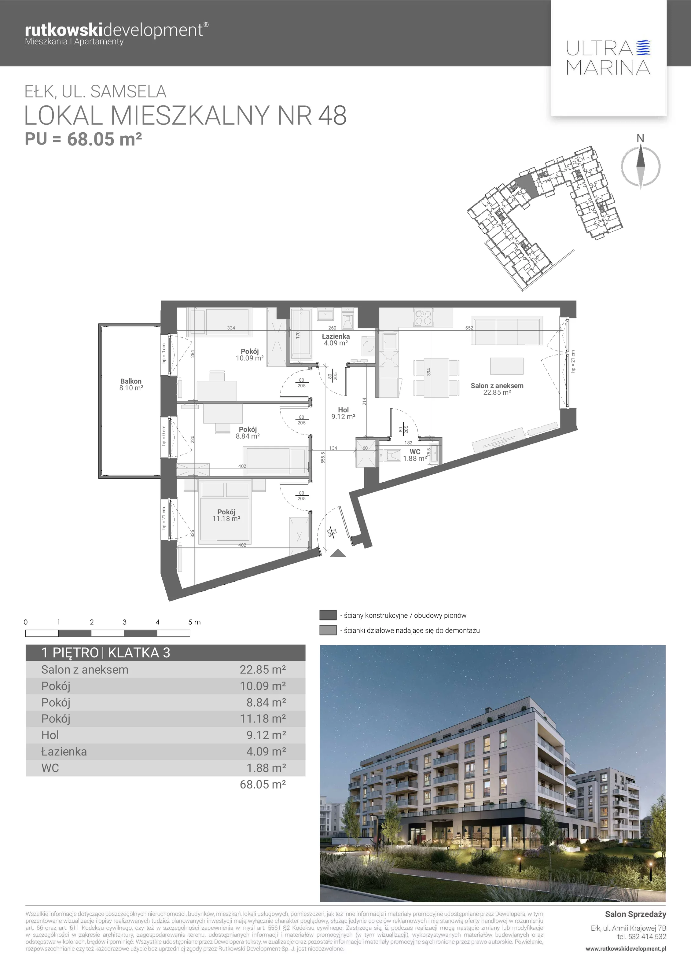 4 pokoje, apartament 68,05 m², piętro 1, oferta nr M - 48, Ultra Marina, Ełk, Jeziorna, ul. bp. Edwarda Samsela 3