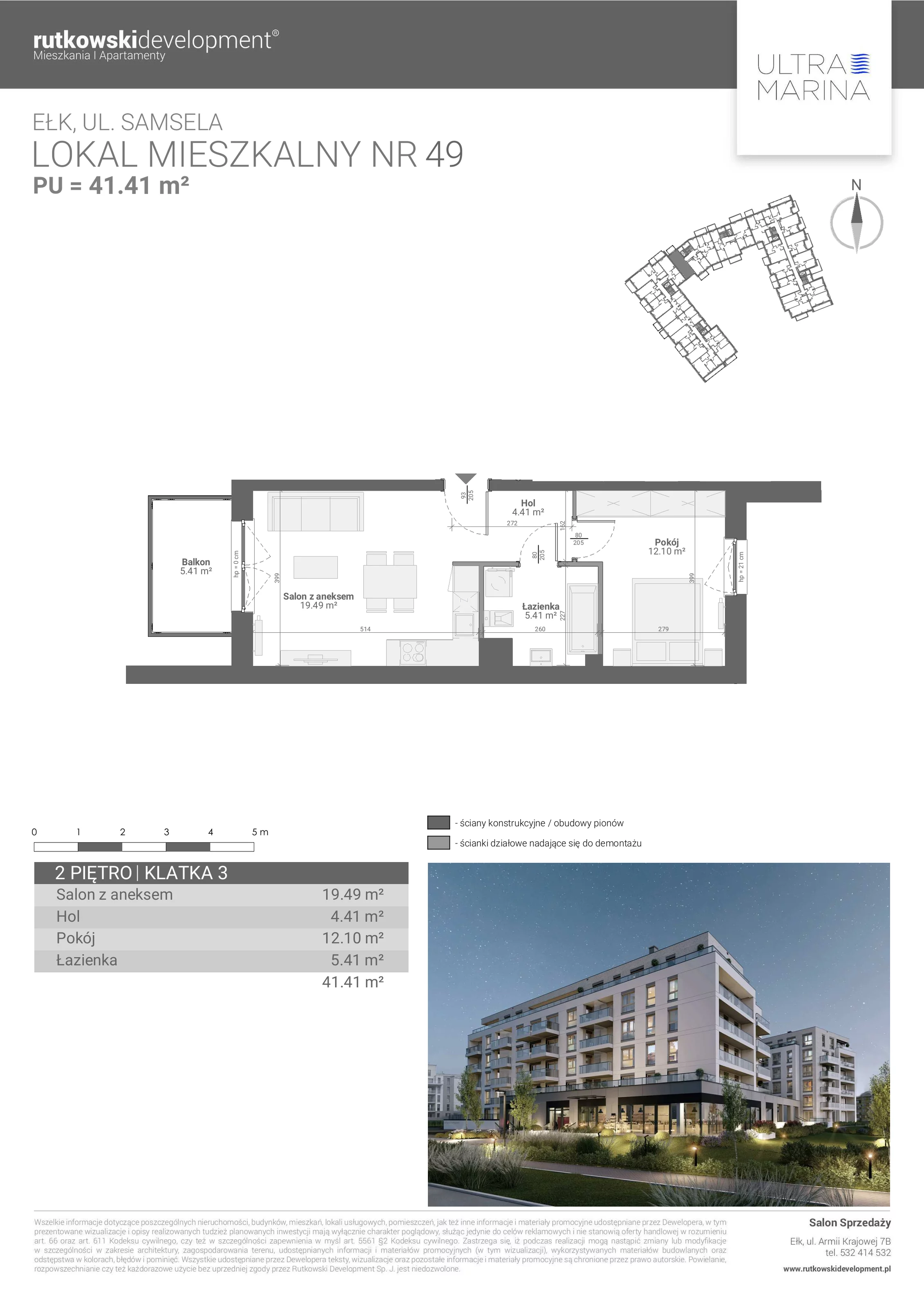 2 pokoje, apartament 41,41 m², piętro 2, oferta nr M - 49, Ultra Marina, Ełk, Jeziorna, ul. bp. Edwarda Samsela 3