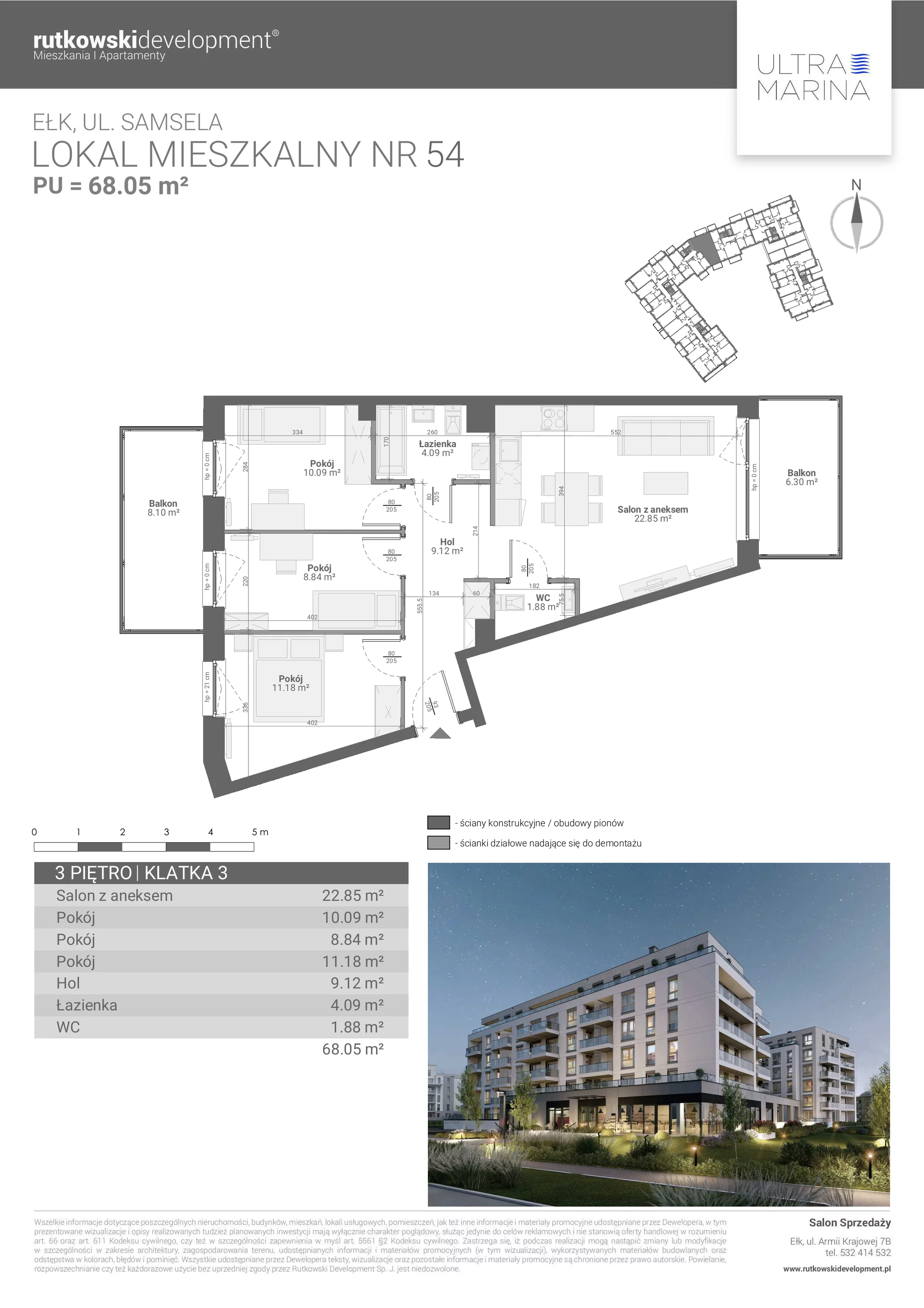 4 pokoje, apartament 68,05 m², piętro 3, oferta nr M - 54, Ultra Marina, Ełk, Jeziorna, ul. bp. Edwarda Samsela 3