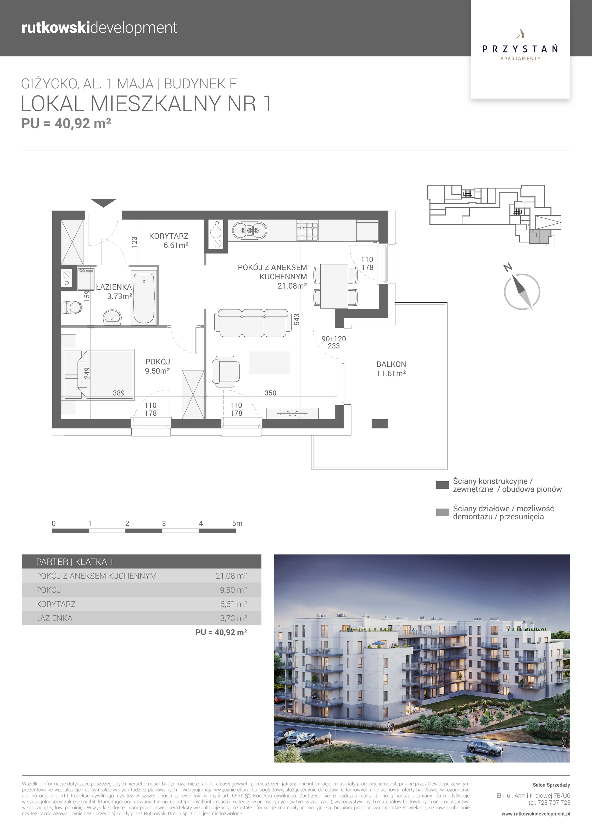 2 pokoje, mieszkanie 40,92 m², parter, oferta nr M-1, Apartamenty Przystań - Etap F, Giżycko, al. 1 Maja 34
